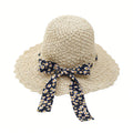 Anna-Kaci Women Woven Straw Sun Hat Wide Brim Lightweight Hat with Floral Ribbon Tie Detail