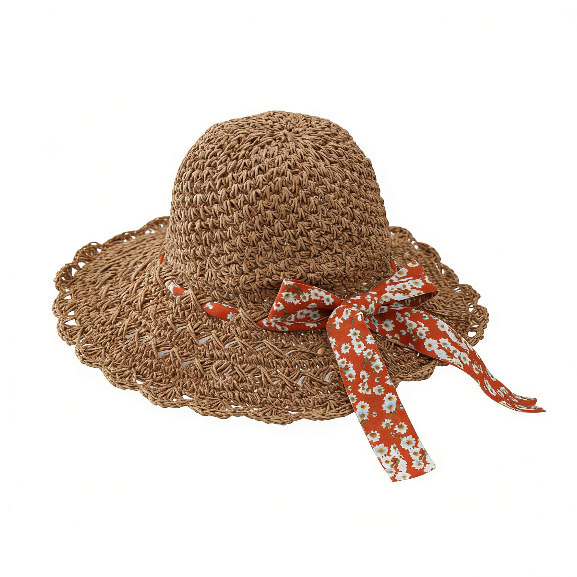Anna-Kaci Women Woven Straw Sun Hat Wide Brim Lightweight Hat with Floral Ribbon Tie Detail