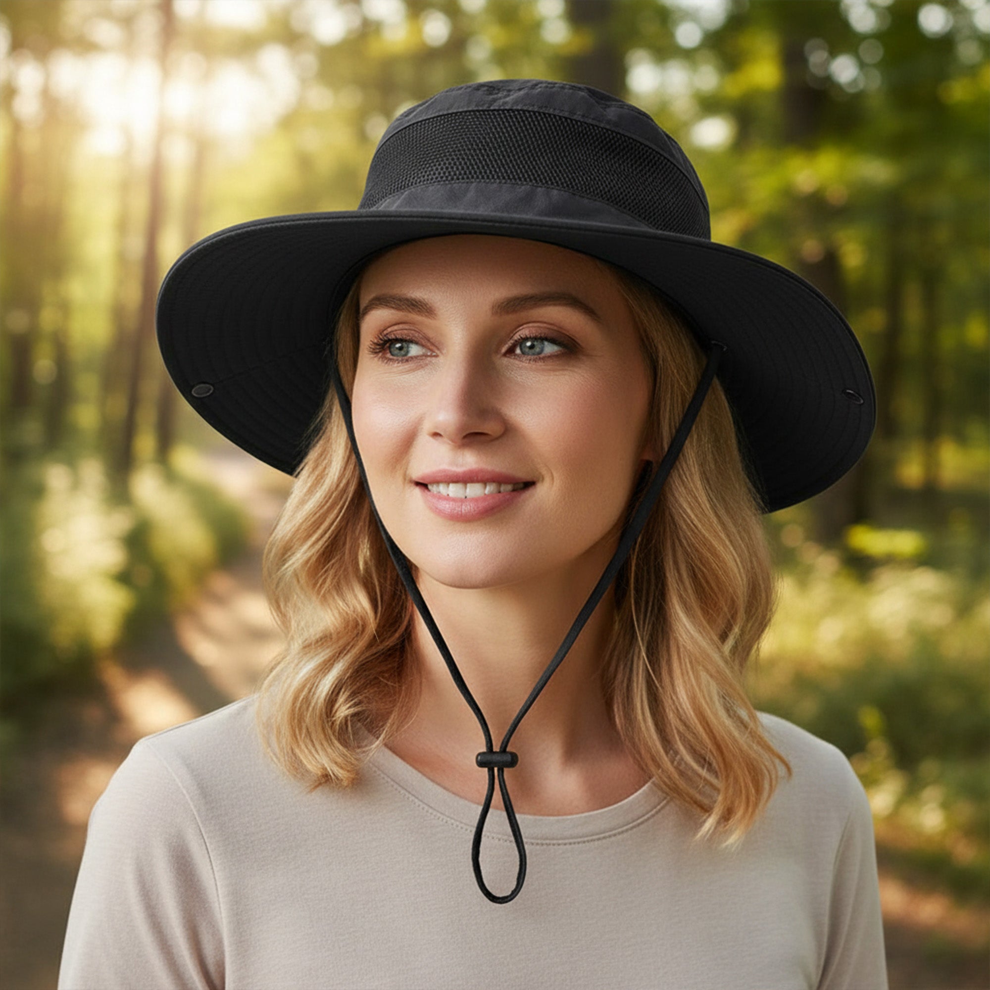 Anna-Kaci Women Wide Brim Sun Hat with Ponytail Opening Adjustable Chin Strap Breathable Mesh Panel