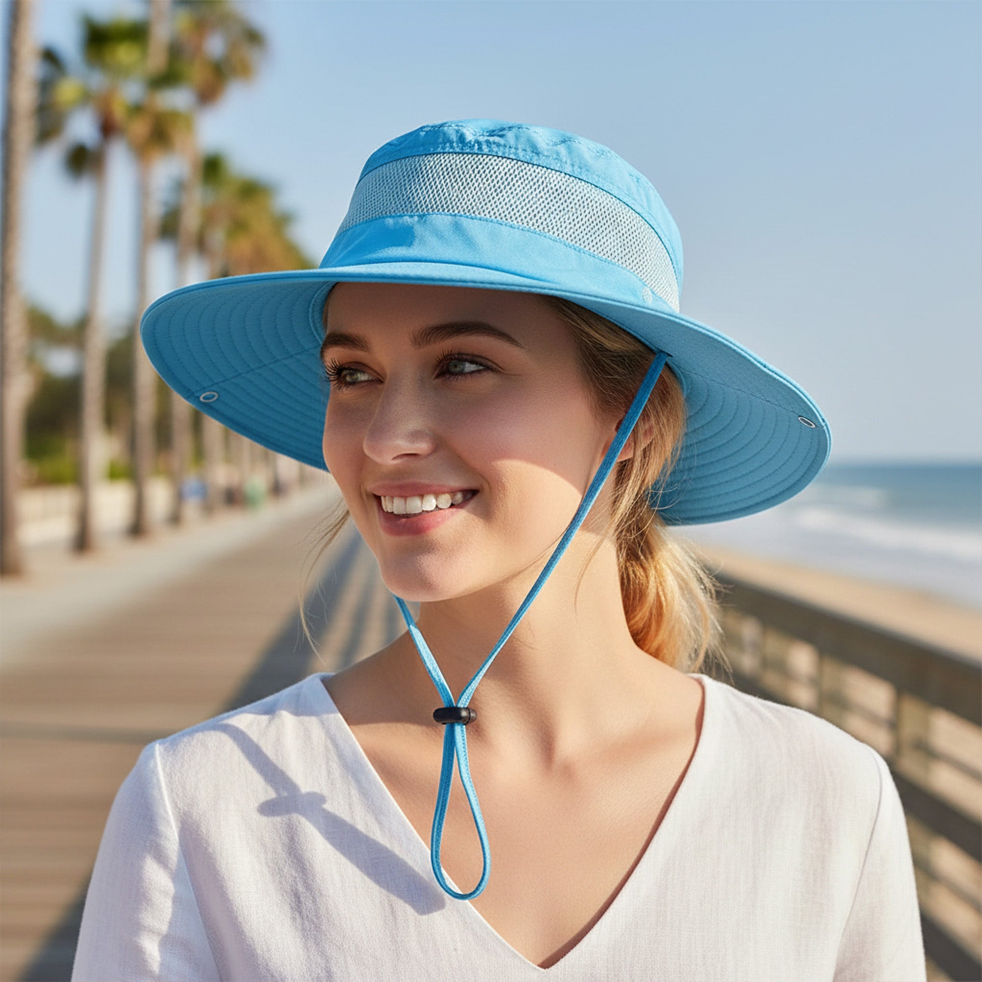 Anna-Kaci Women Wide Brim Sun Hat with Ponytail Opening Adjustable Chin Strap Breathable Mesh Panel