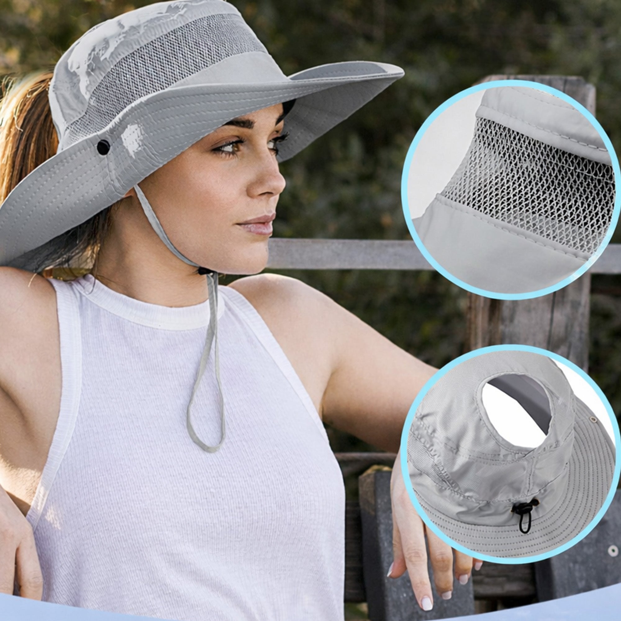 Anna-Kaci Women Wide Brim Sun Hat with Ponytail Opening Adjustable Chin Strap Breathable Mesh Panel
