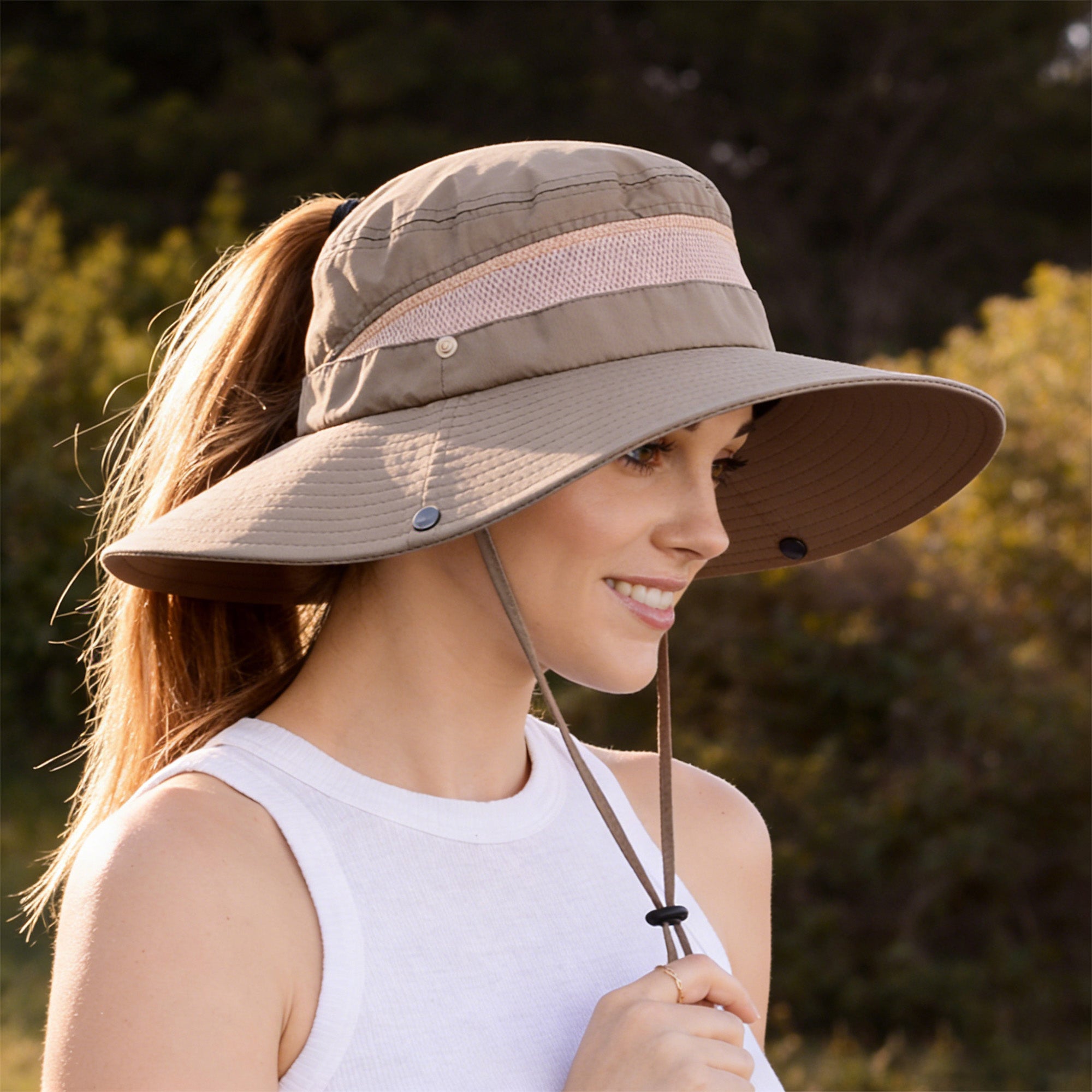 Anna-Kaci Women Wide Brim Sun Hat with Ponytail Opening Adjustable Chin Strap Breathable Mesh Panel