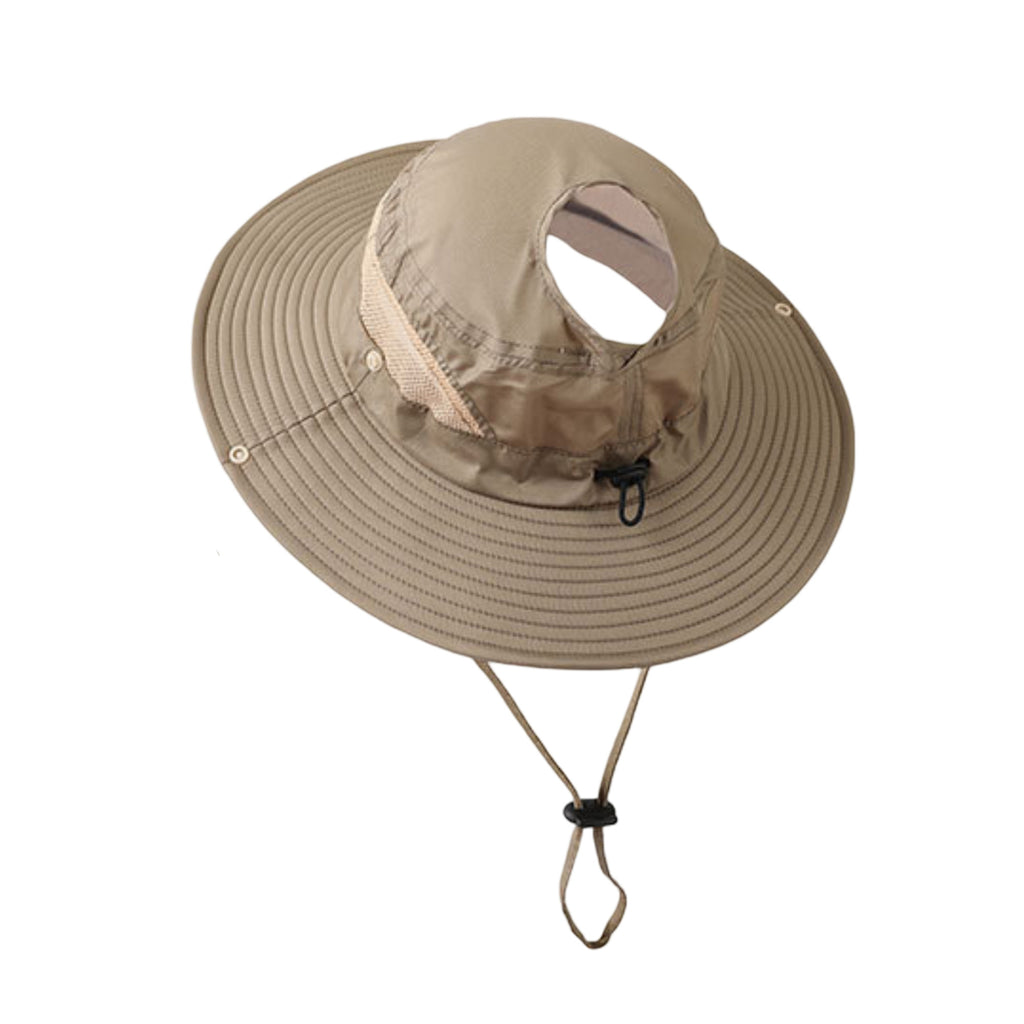 Anna-Kaci Women Wide Brim Sun Hat with Ponytail Opening Adjustable Chin Strap Breathable Mesh Panel