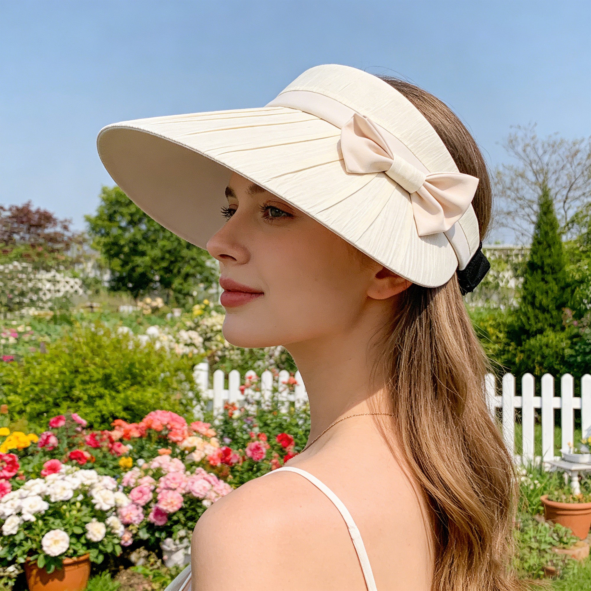 Anna-Kaci Women Wide Brim Visor Hat Pleated Design Adjustable Back Strap Sun Visor with Bow Detail