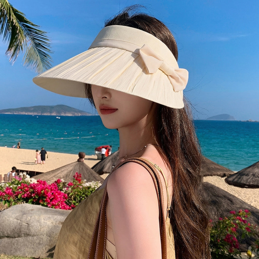 Anna-Kaci Women Wide Brim Visor Hat Pleated Design Adjustable Back Strap Sun Visor with Bow Detail