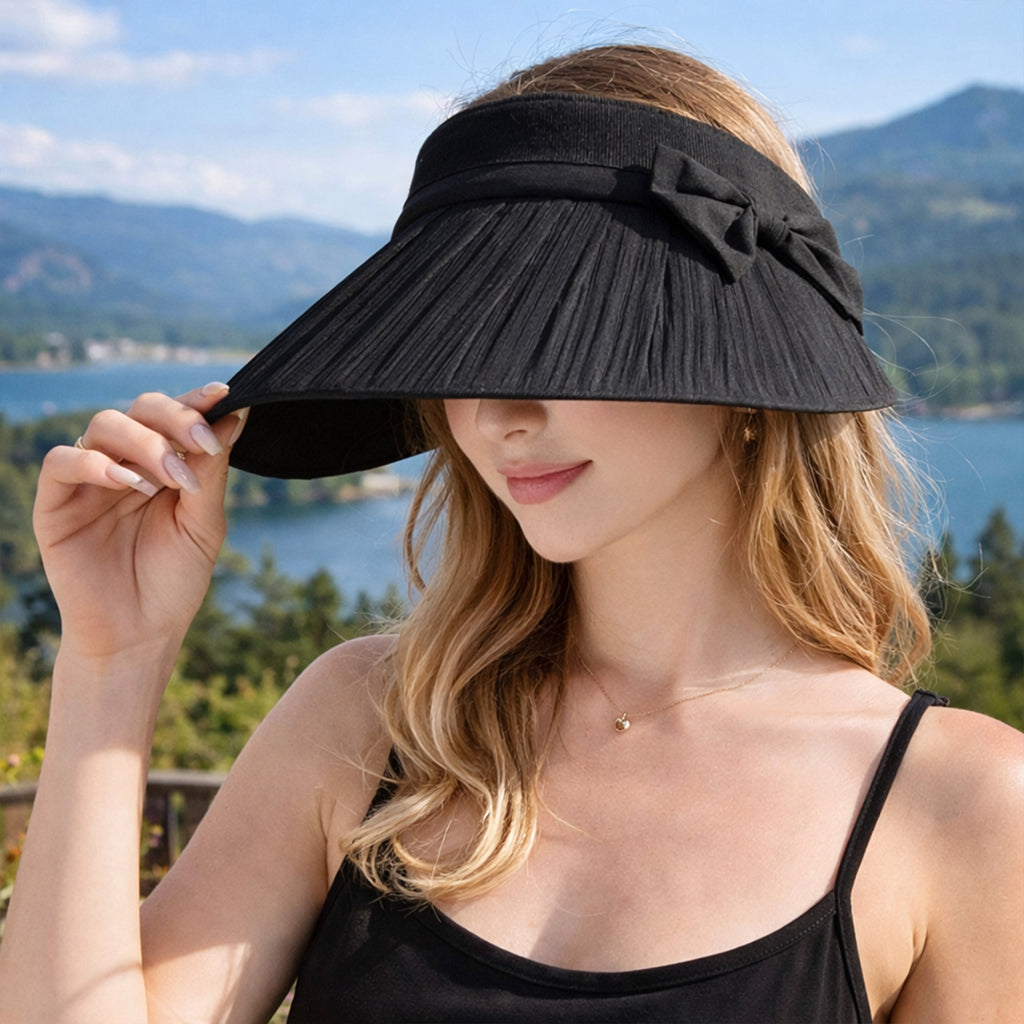 Anna-Kaci Women Wide Brim Visor Hat Pleated Design Adjustable Back Strap Sun Visor with Bow Detail