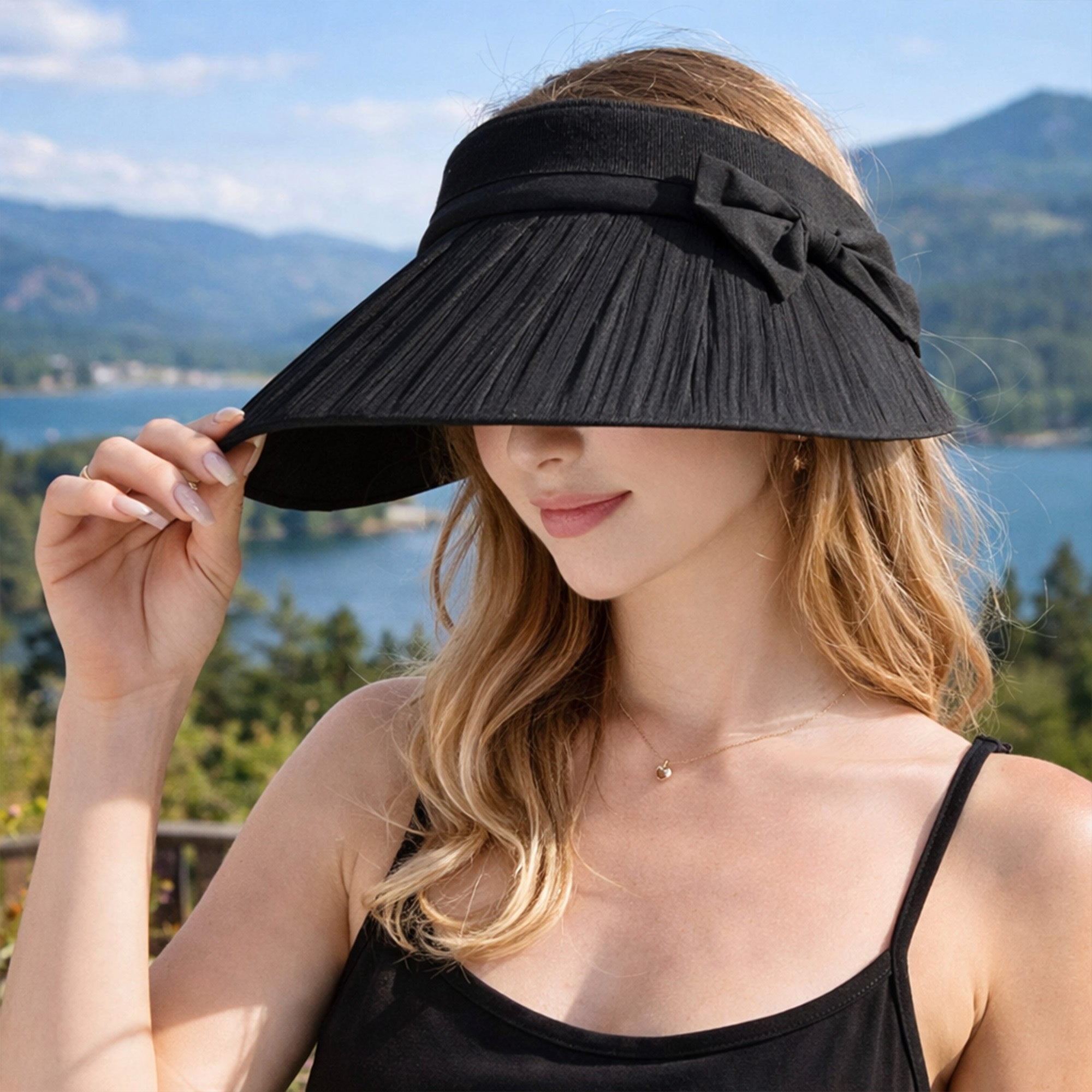 Anna-Kaci Women Wide Brim Visor Hat Pleated Design Adjustable Back Strap Sun Visor with Bow Detail