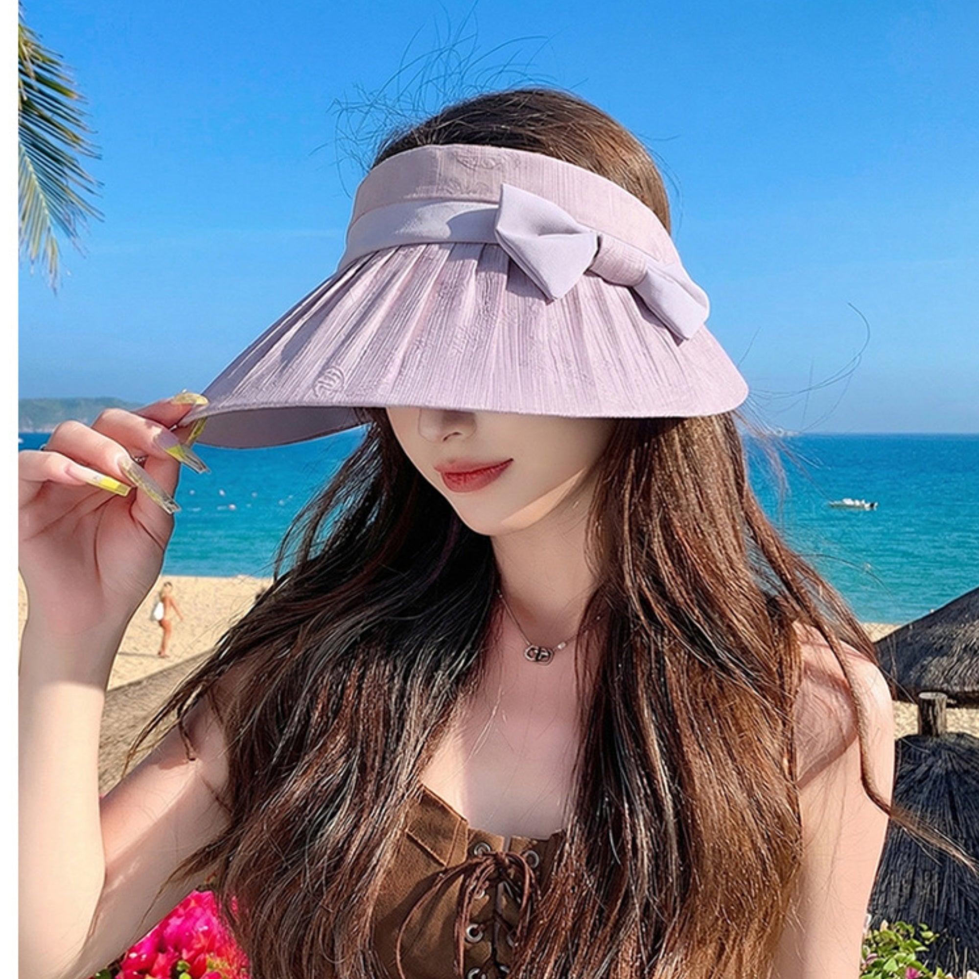 Anna-Kaci Women Wide Brim Visor Hat Pleated Design Adjustable Back Strap Sun Visor with Bow Detail