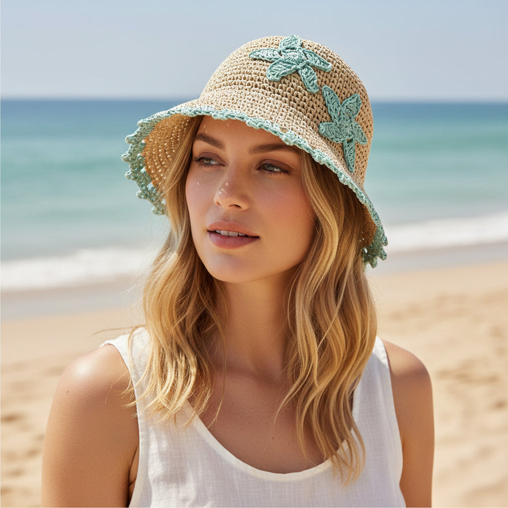 Anna-Kaci Women Woven Straw Bucket Hat Wide Brim Lightweight Sun Hat with Floral Applique Detail