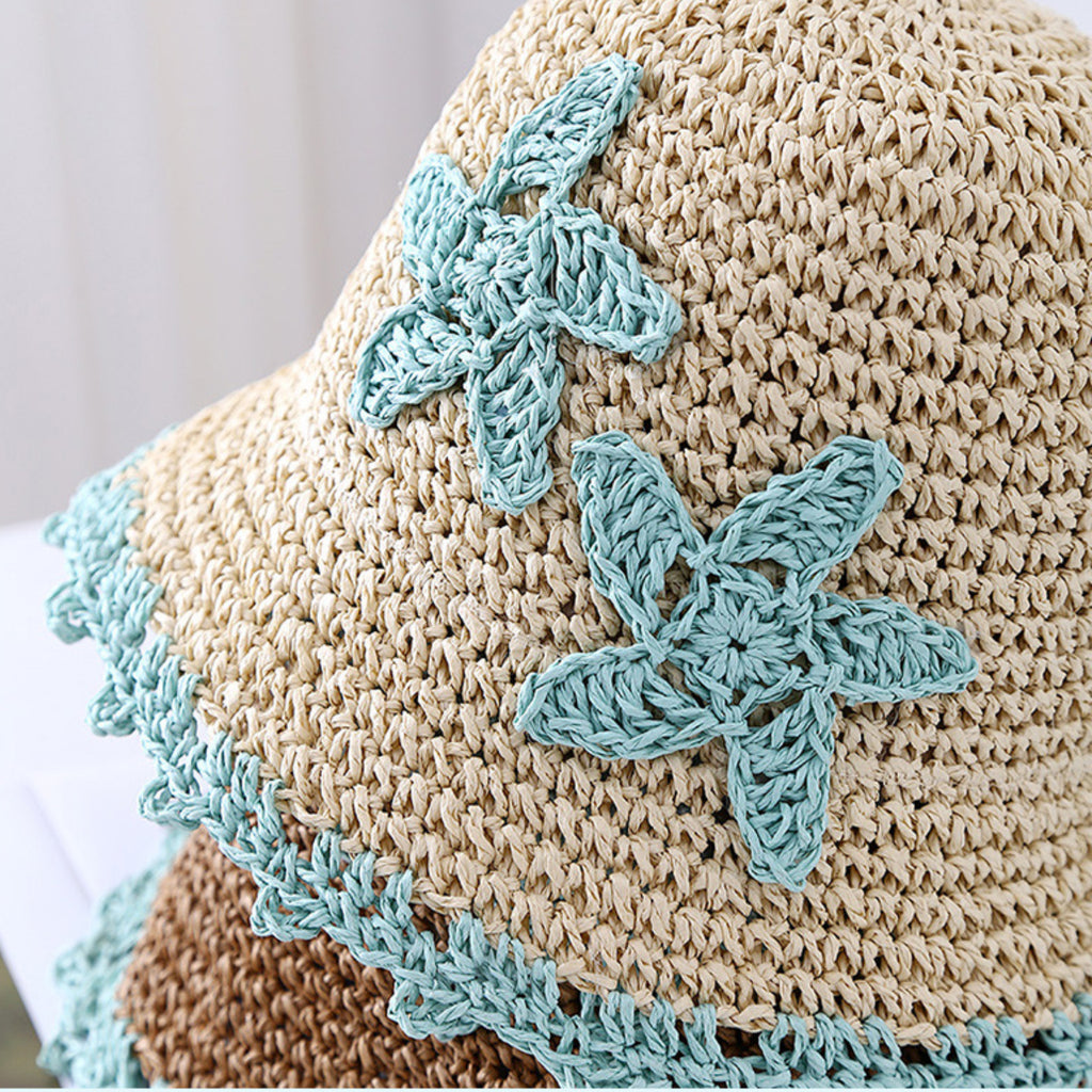 Anna-Kaci Women Woven Straw Bucket Hat Wide Brim Lightweight Sun Hat with Floral Applique Detail