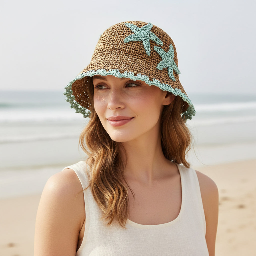 Anna-Kaci Women Woven Straw Bucket Hat Wide Brim Lightweight Sun Hat with Floral Applique Detail