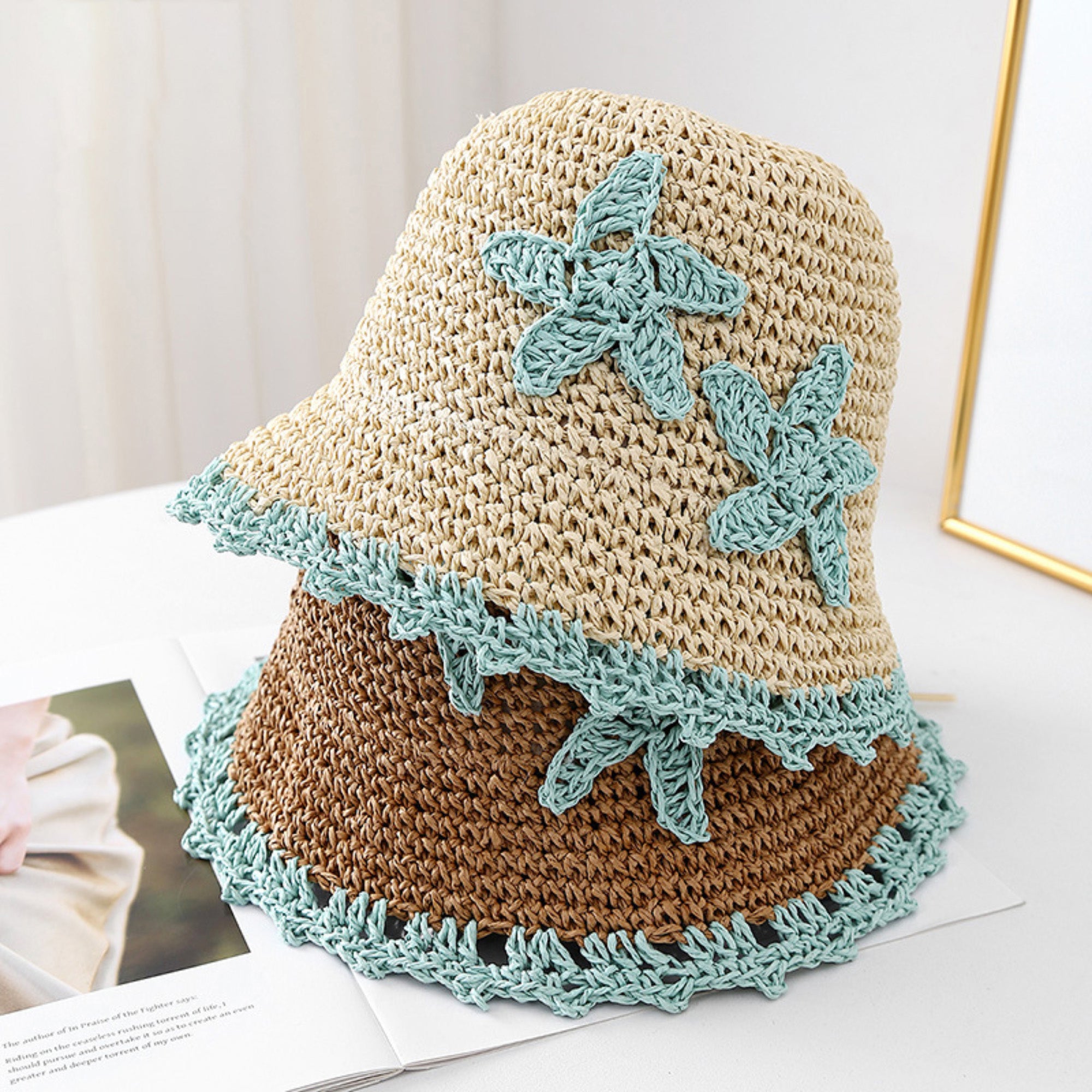 Anna-Kaci Women Woven Straw Bucket Hat Wide Brim Lightweight Sun Hat with Floral Applique Detail
