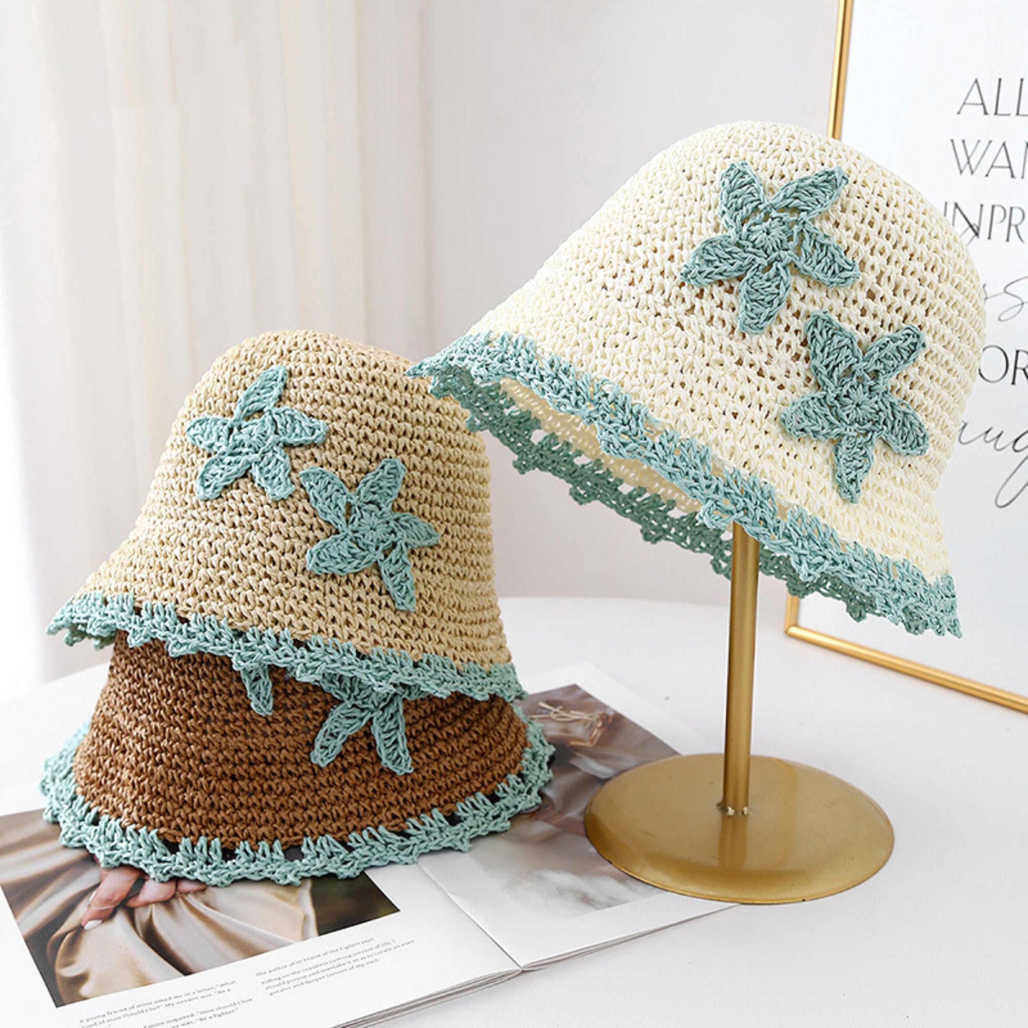 Anna-Kaci Women Woven Straw Bucket Hat Wide Brim Lightweight Sun Hat with Floral Applique Detail
