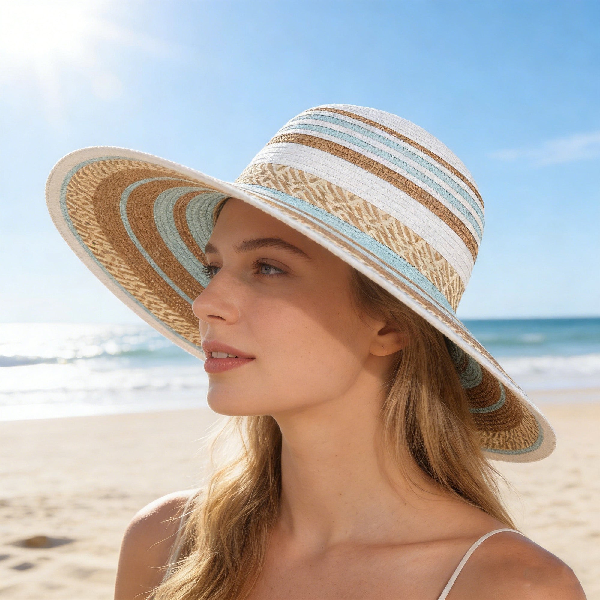 Anna-Kaci Women Wide Brim Sun Hat Striped Woven Design Lightweight Summer Hat Classic Floppy Style