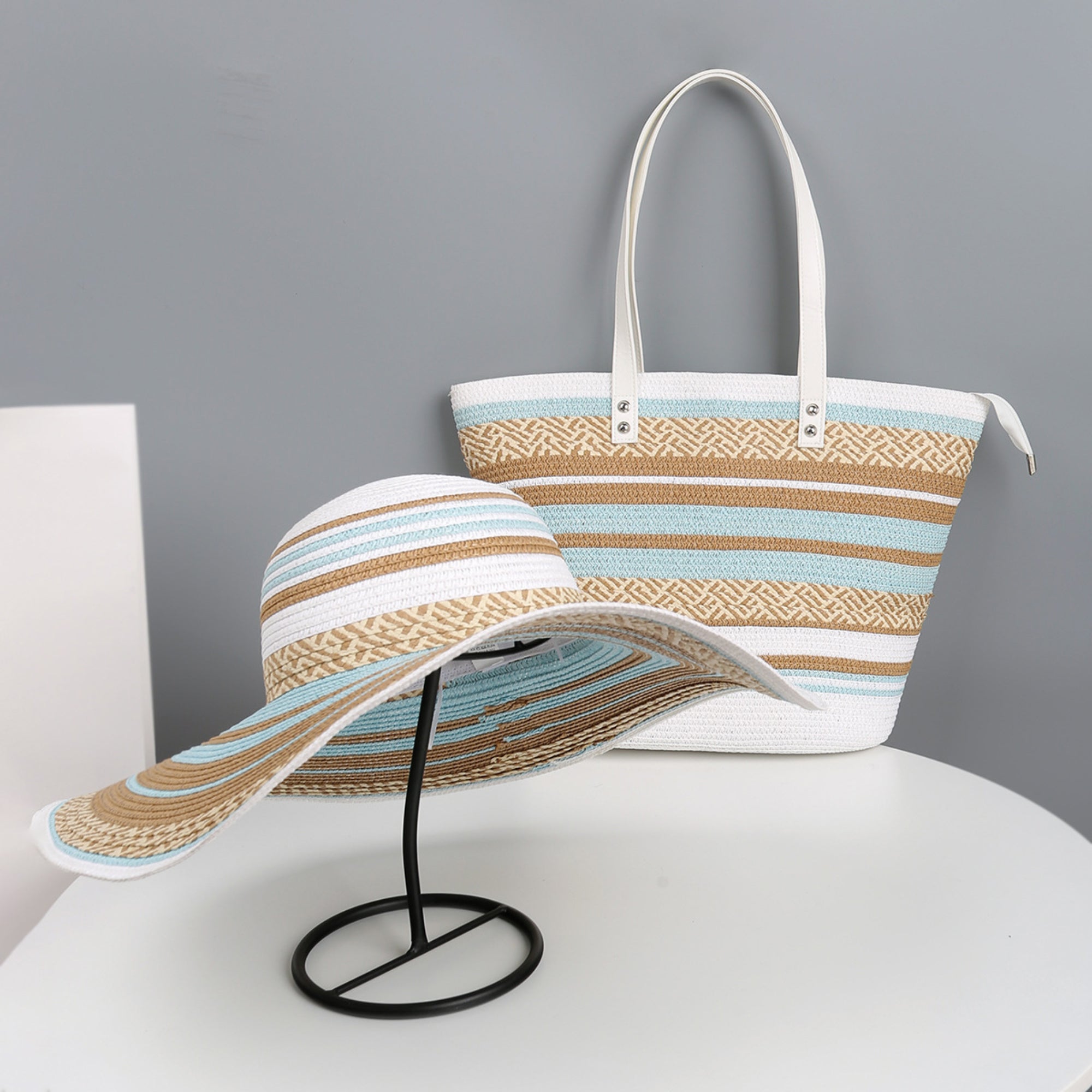 Anna-Kaci Women Wide Brim Sun Hat Striped Woven Design Lightweight Summer Hat Classic Floppy Style