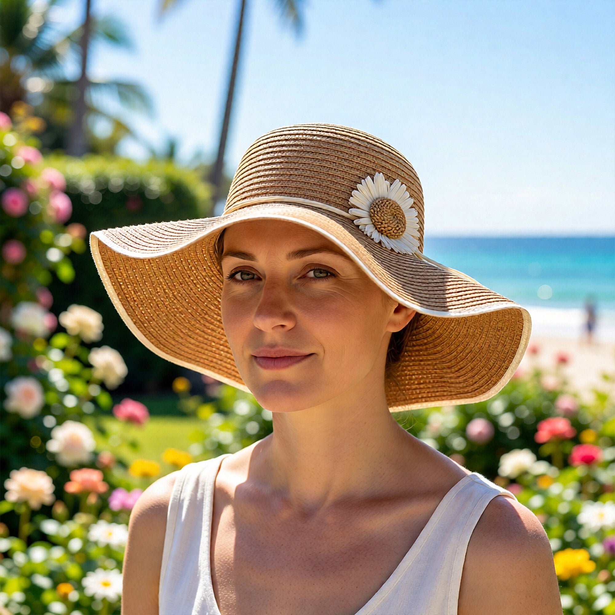Anna-Kaci Women Wide Brim Sun Hat with Floral Accent Adjustable Fit Elegant Summer Beach Hat