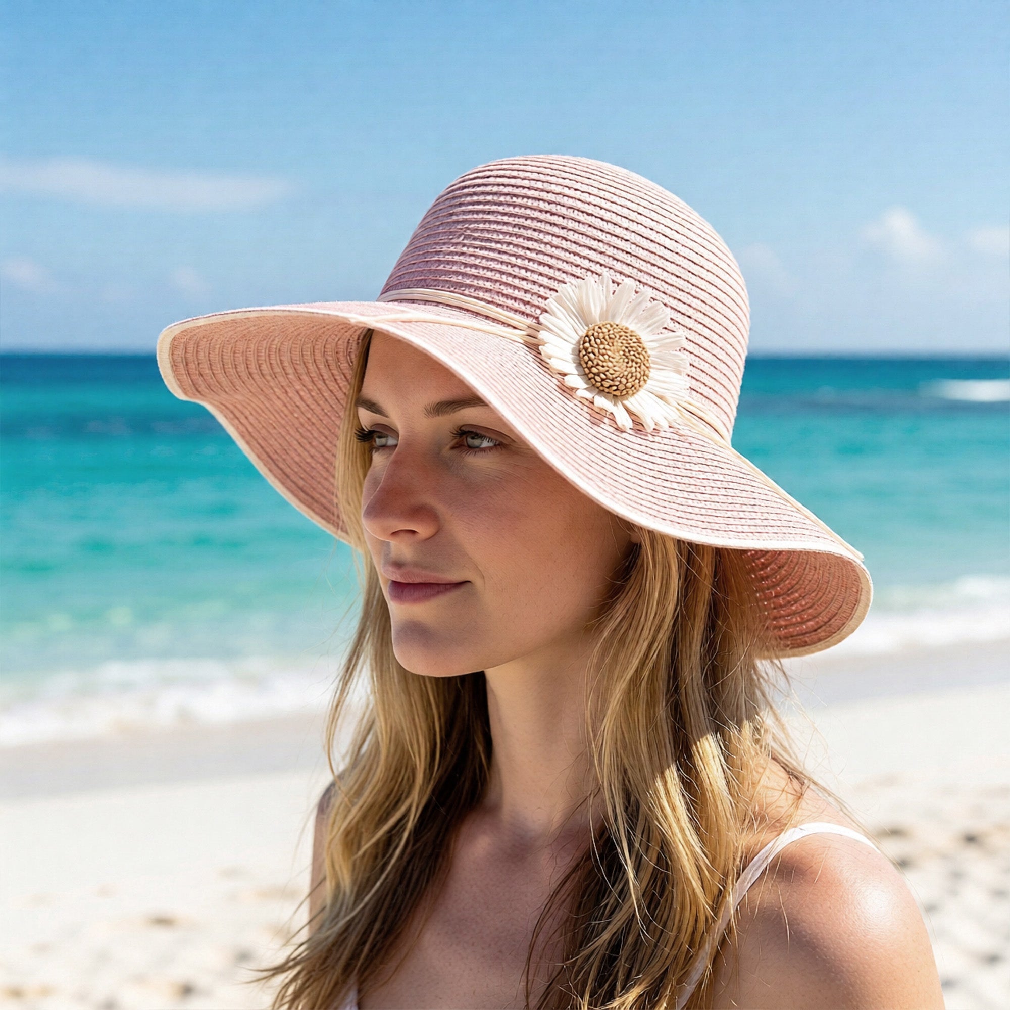 Anna-Kaci Women Wide Brim Sun Hat with Floral Accent Adjustable Fit Elegant Summer Beach Hat