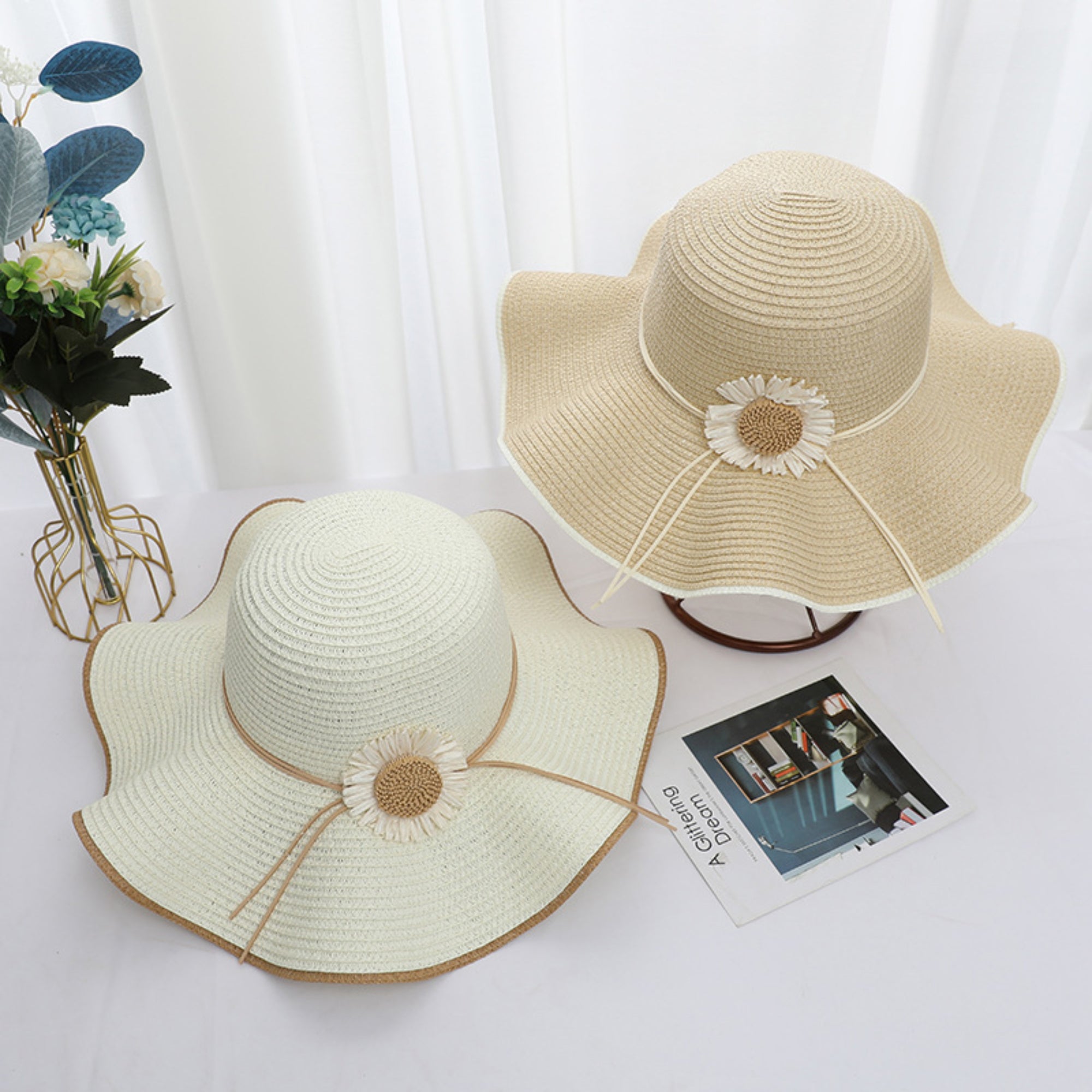 Anna-Kaci Women Wide Brim Sun Hat with Floral Accent Adjustable Fit Elegant Summer Beach Hat