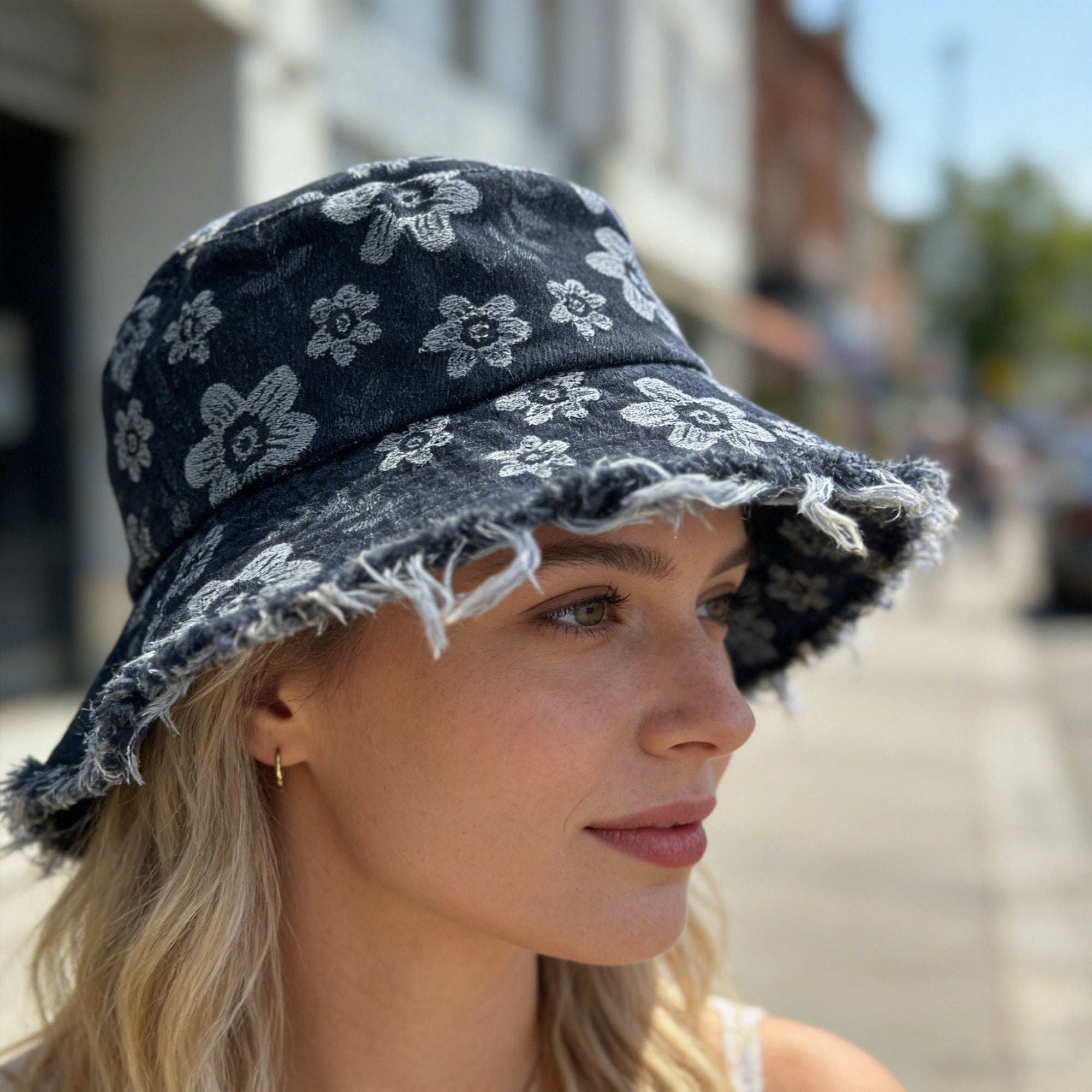 Anna-Kaci Women Floral Bucket Hat Distressed Edge Casual Denim Style Sun Hat