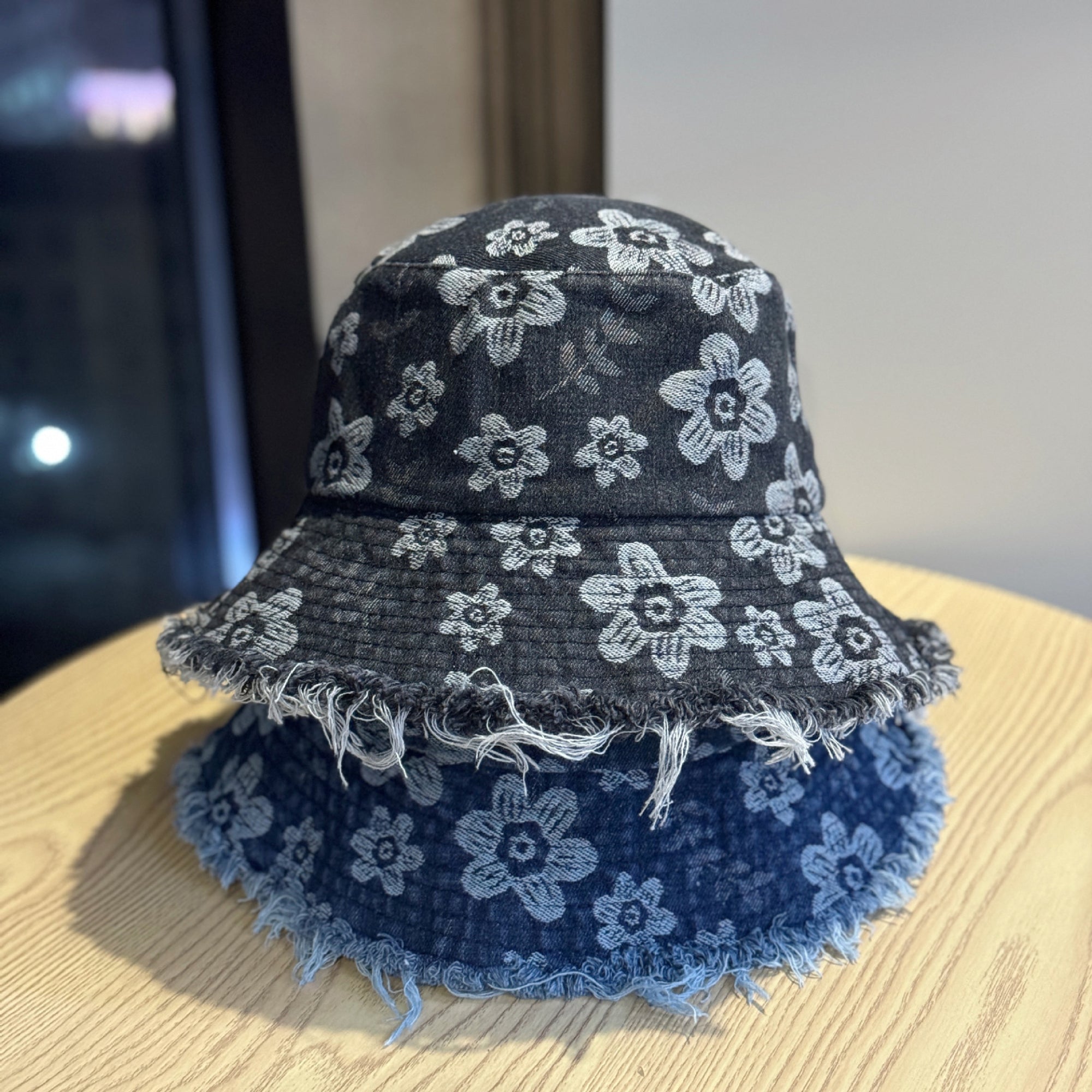 Anna-Kaci Women Floral Bucket Hat Distressed Edge Casual Denim Style Sun Hat