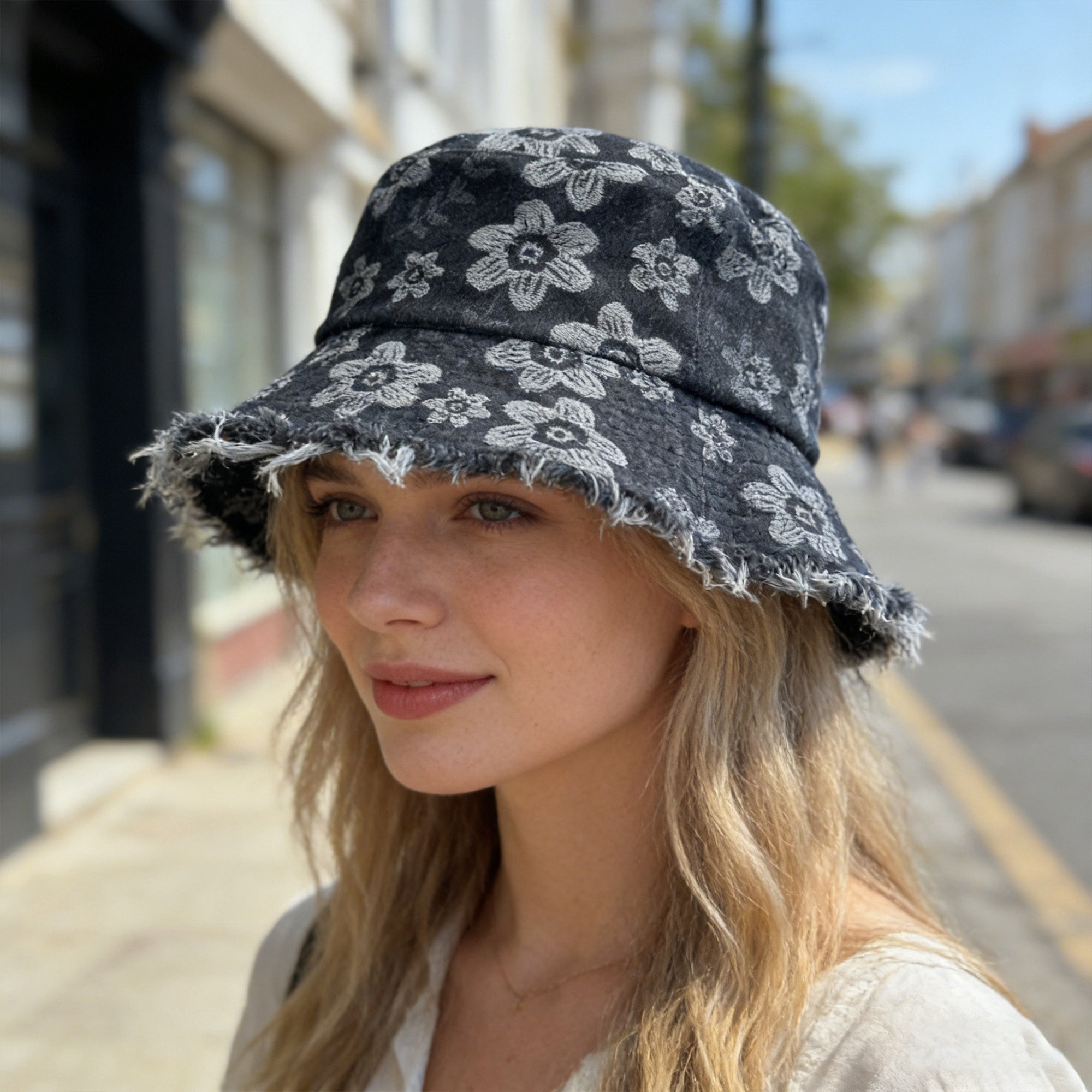 Anna-Kaci Women Floral Bucket Hat Distressed Edge Casual Denim Style Sun Hat