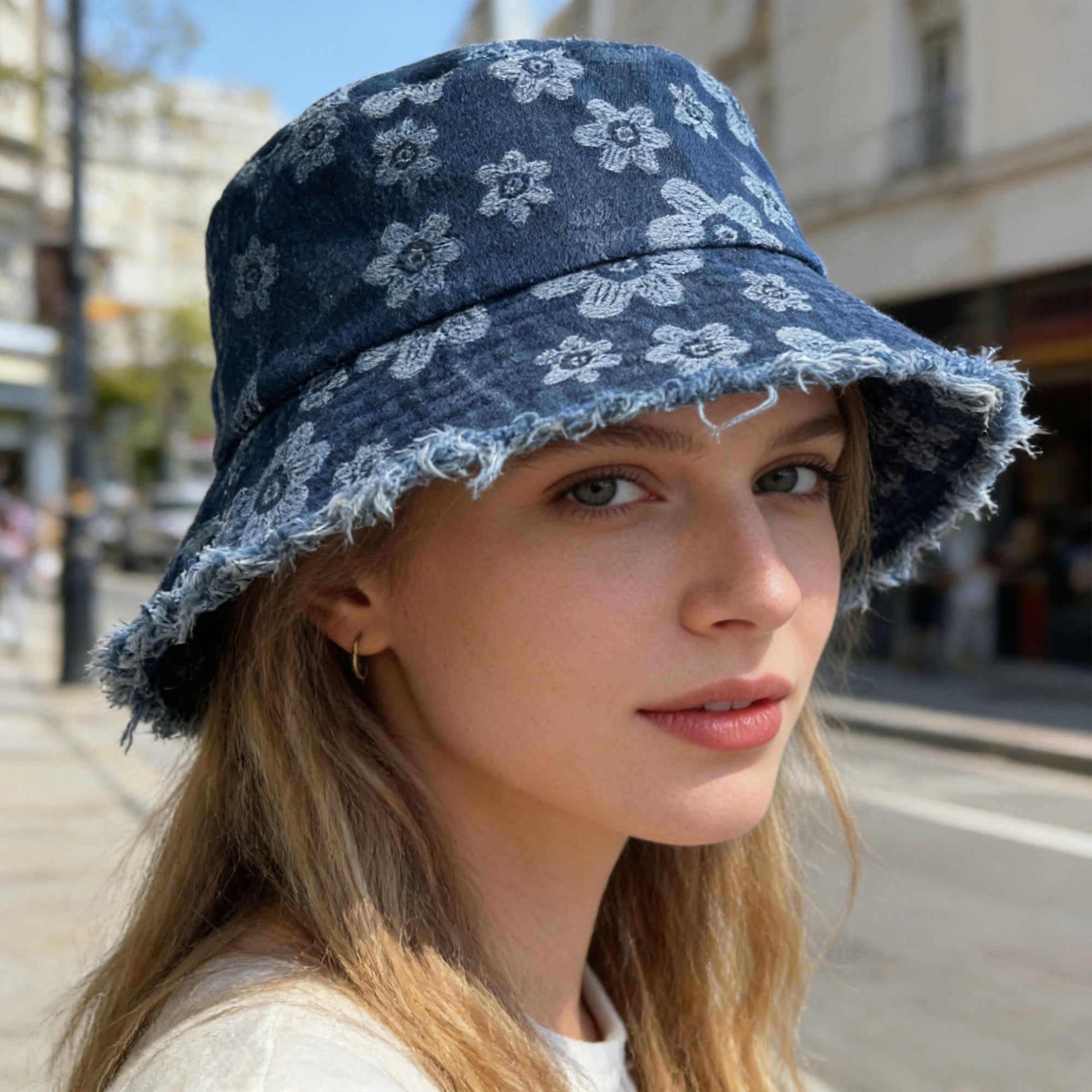 Anna-Kaci Women Floral Bucket Hat Distressed Edge Casual Denim Style Sun Hat