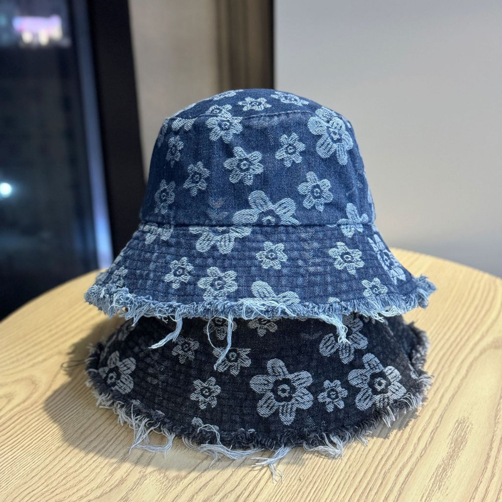 Anna-Kaci Women Floral Bucket Hat Distressed Edge Casual Denim Style Sun Hat