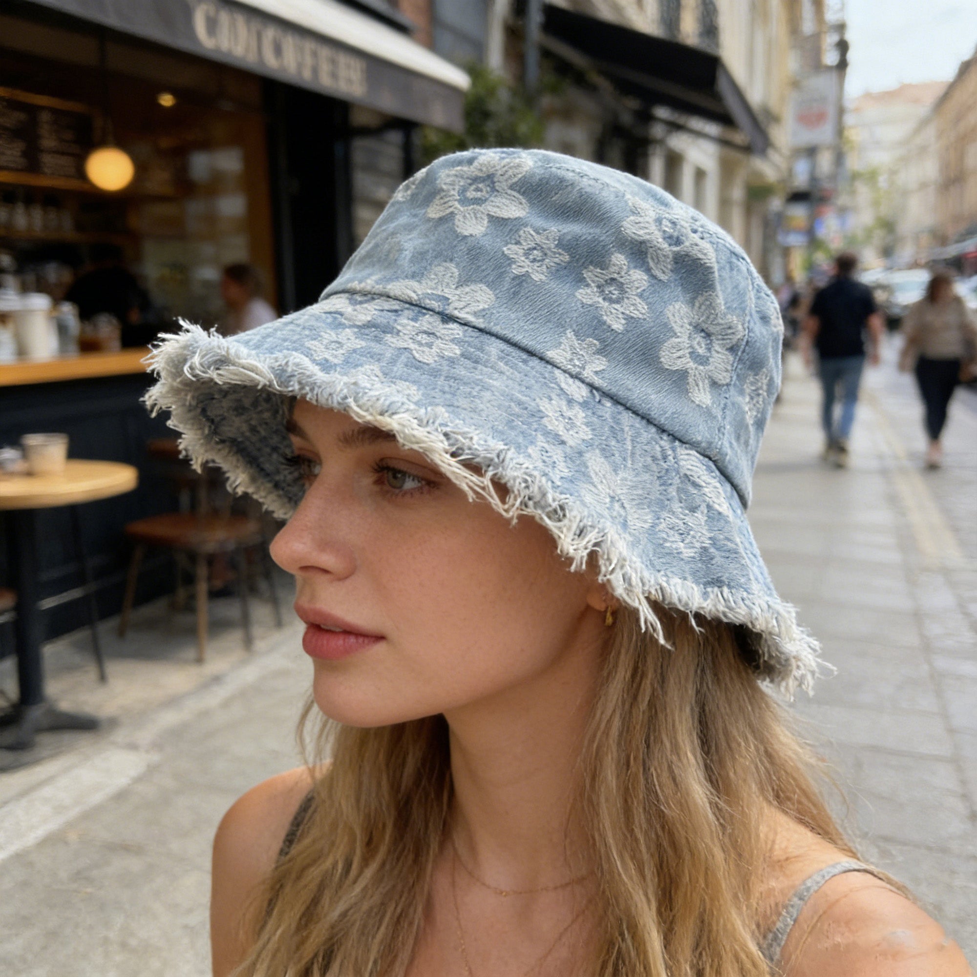 Anna-Kaci Women Floral Bucket Hat Distressed Edge Casual Denim Style Sun Hat