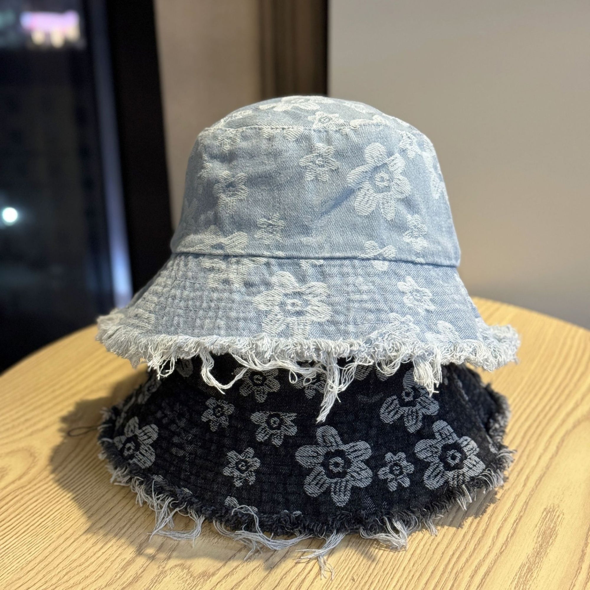 Anna-Kaci Women Floral Bucket Hat Distressed Edge Casual Denim Style Sun Hat