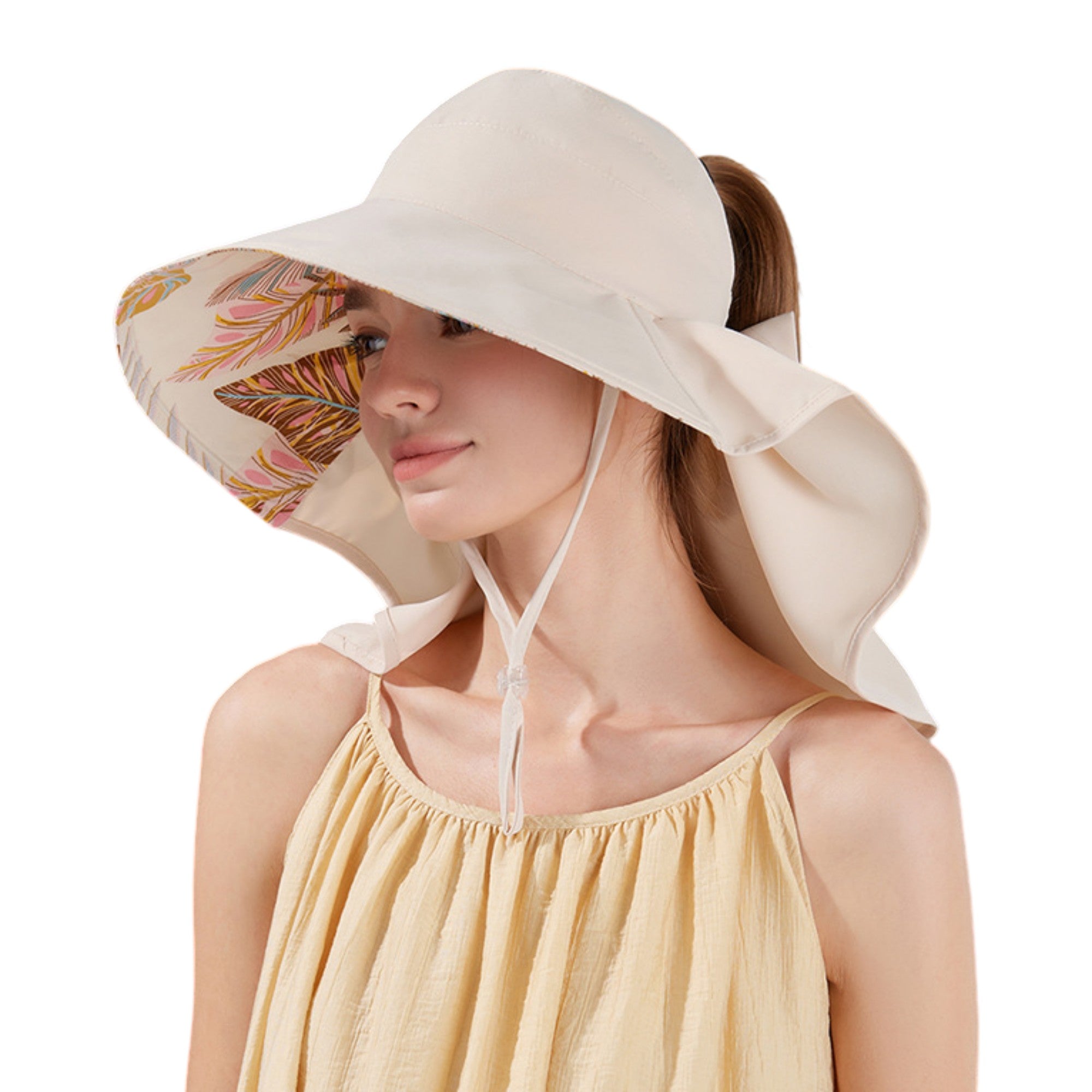 Anna-Kaci Wide Brim Sun Hat with Ponytail Opening Neck Flap Bow Detail UV Protection Summer Hat