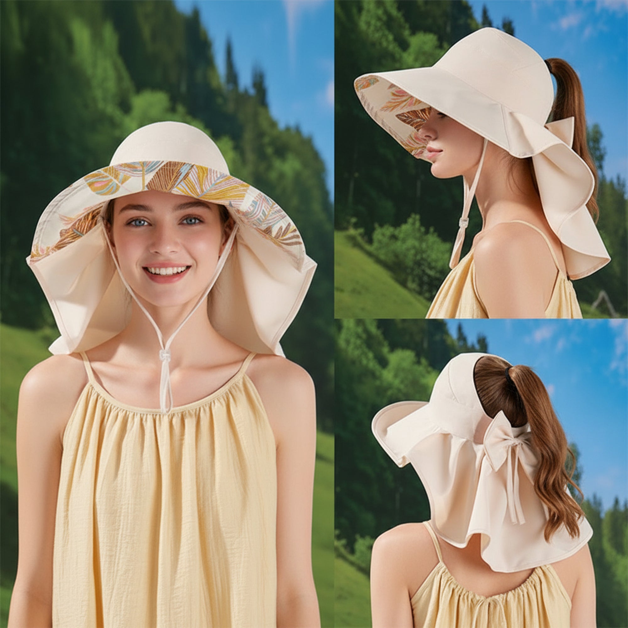 Anna-Kaci Wide Brim Sun Hat with Ponytail Opening Neck Flap Bow Detail UV Protection Summer Hat