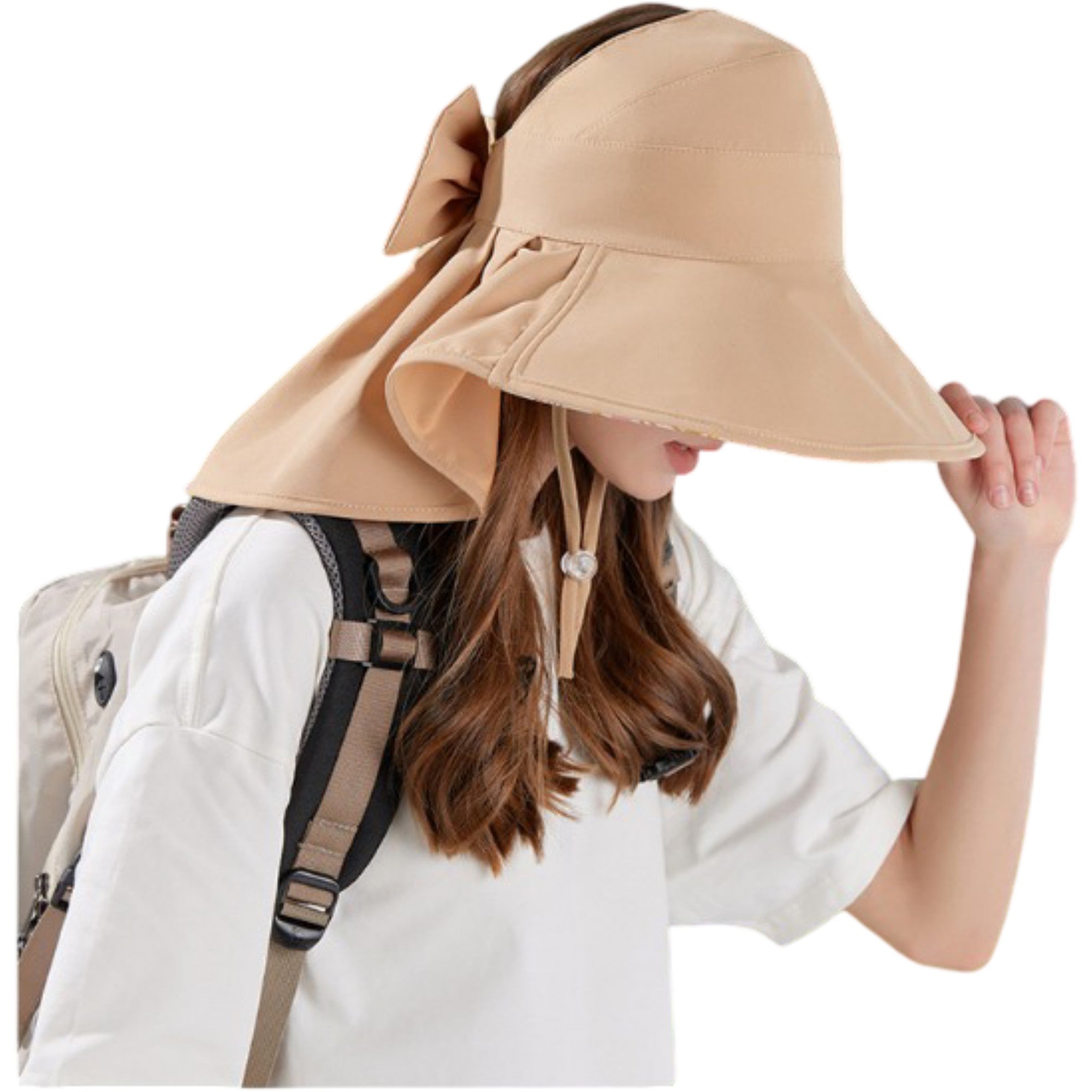 Anna-Kaci Wide Brim Sun Hat with Ponytail Opening Neck Flap Bow Detail UV Protection Summer Hat