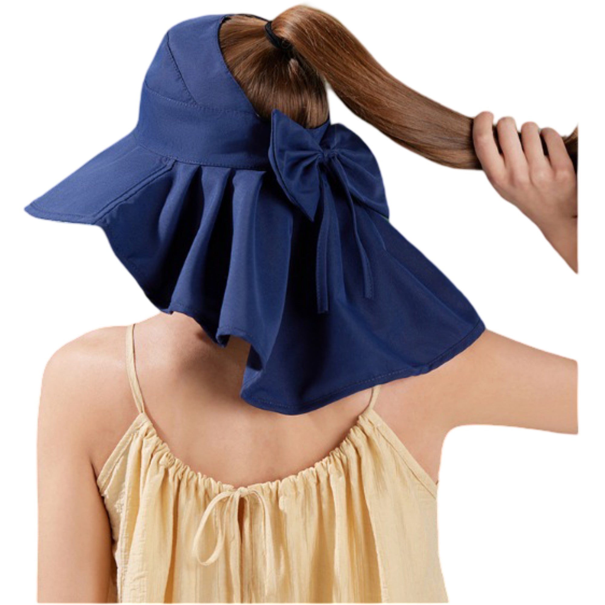 Anna-Kaci Wide Brim Sun Hat with Ponytail Opening Neck Flap Bow Detail UV Protection Summer Hat