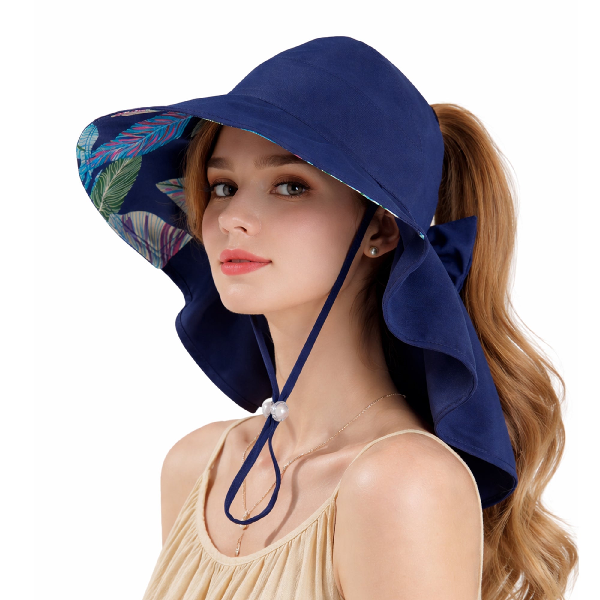 Anna-Kaci Wide Brim Sun Hat with Ponytail Opening Neck Flap Bow Detail UV Protection Summer Hat