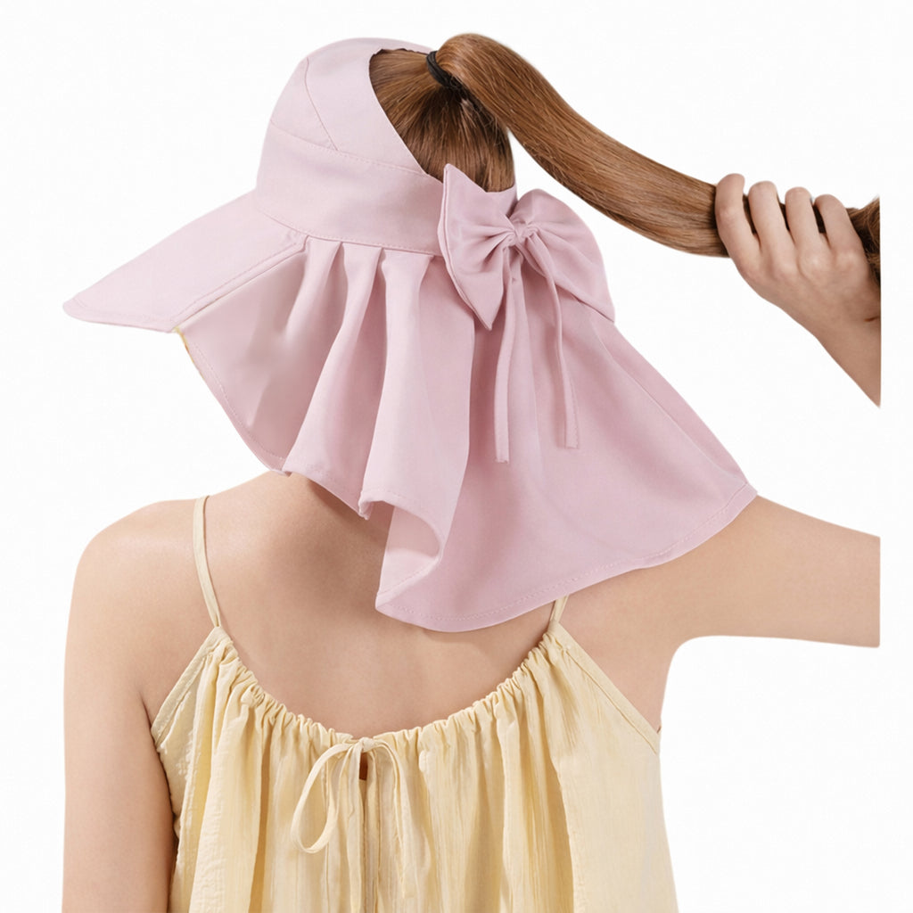 Anna-Kaci Wide Brim Sun Hat with Ponytail Opening Neck Flap Bow Detail UV Protection Summer Hat