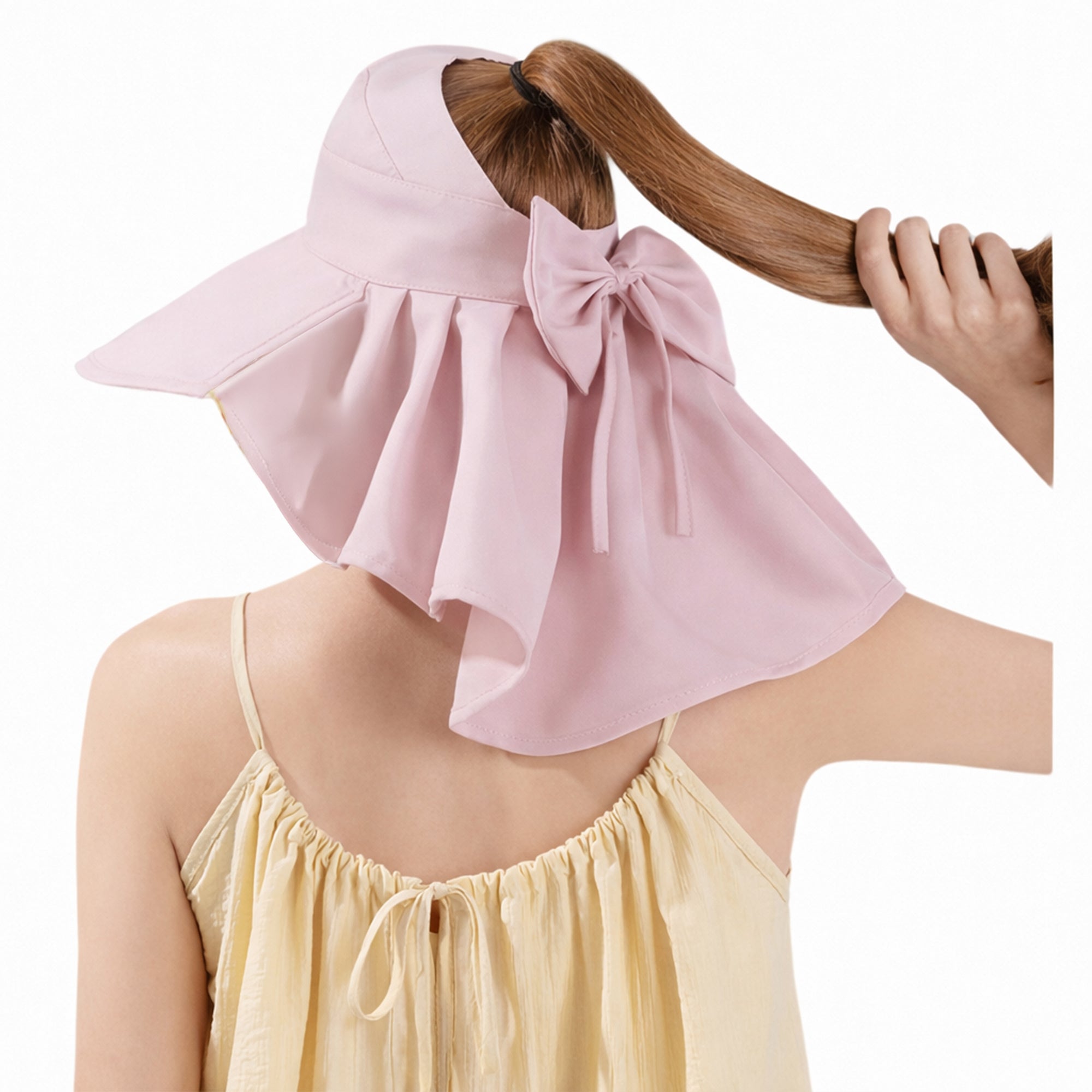 Anna-Kaci Wide Brim Sun Hat with Ponytail Opening Neck Flap Bow Detail UV Protection Summer Hat