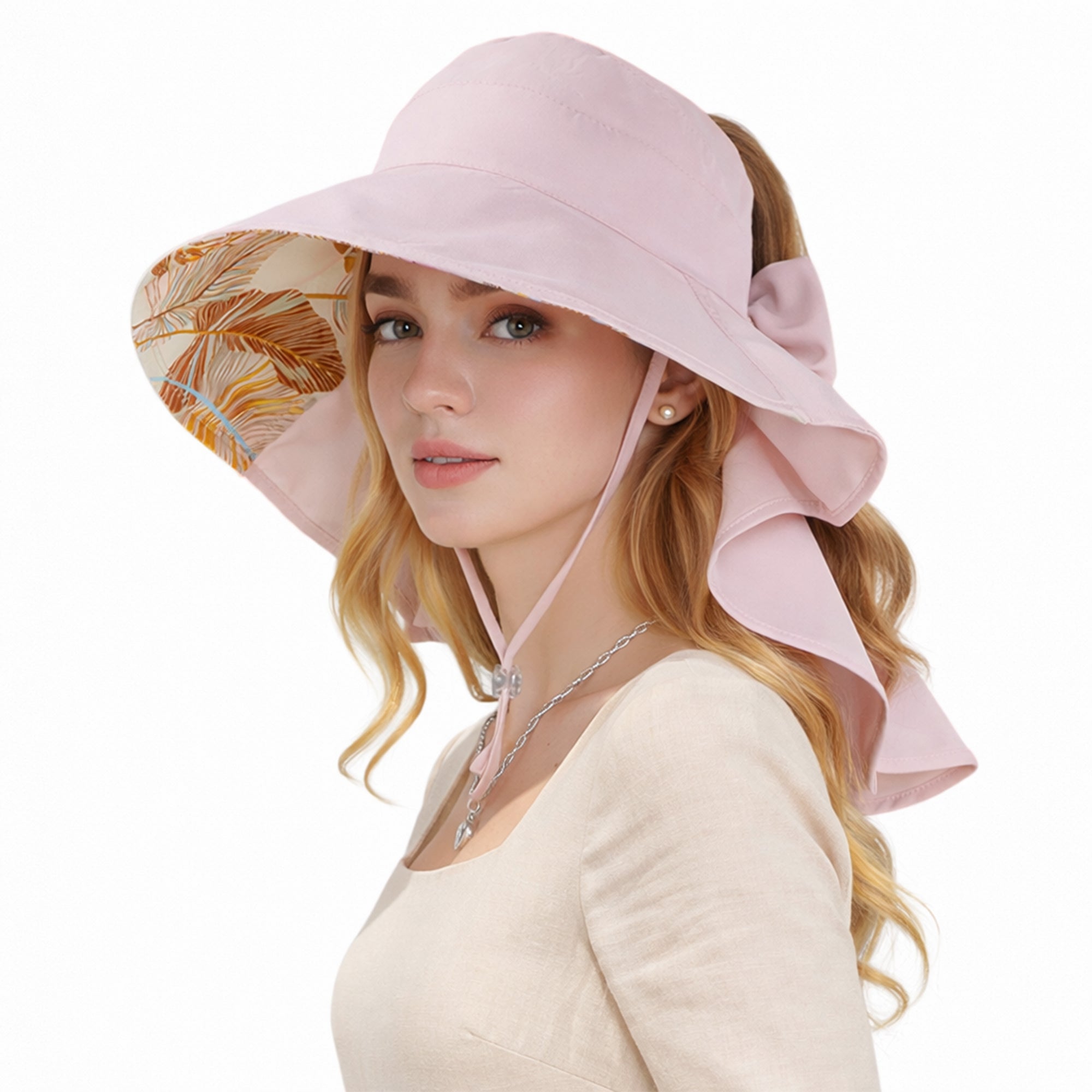 Anna-Kaci Wide Brim Sun Hat with Ponytail Opening Neck Flap Bow Detail UV Protection Summer Hat