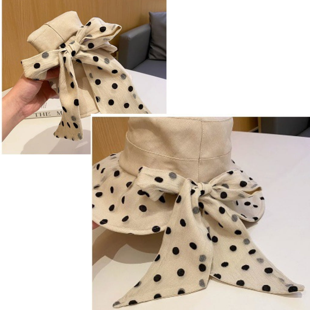 Anna-Kaci Polka Dot Wide Brim Sun Hat with Bow Detail Elegant Summer Bucket Hat