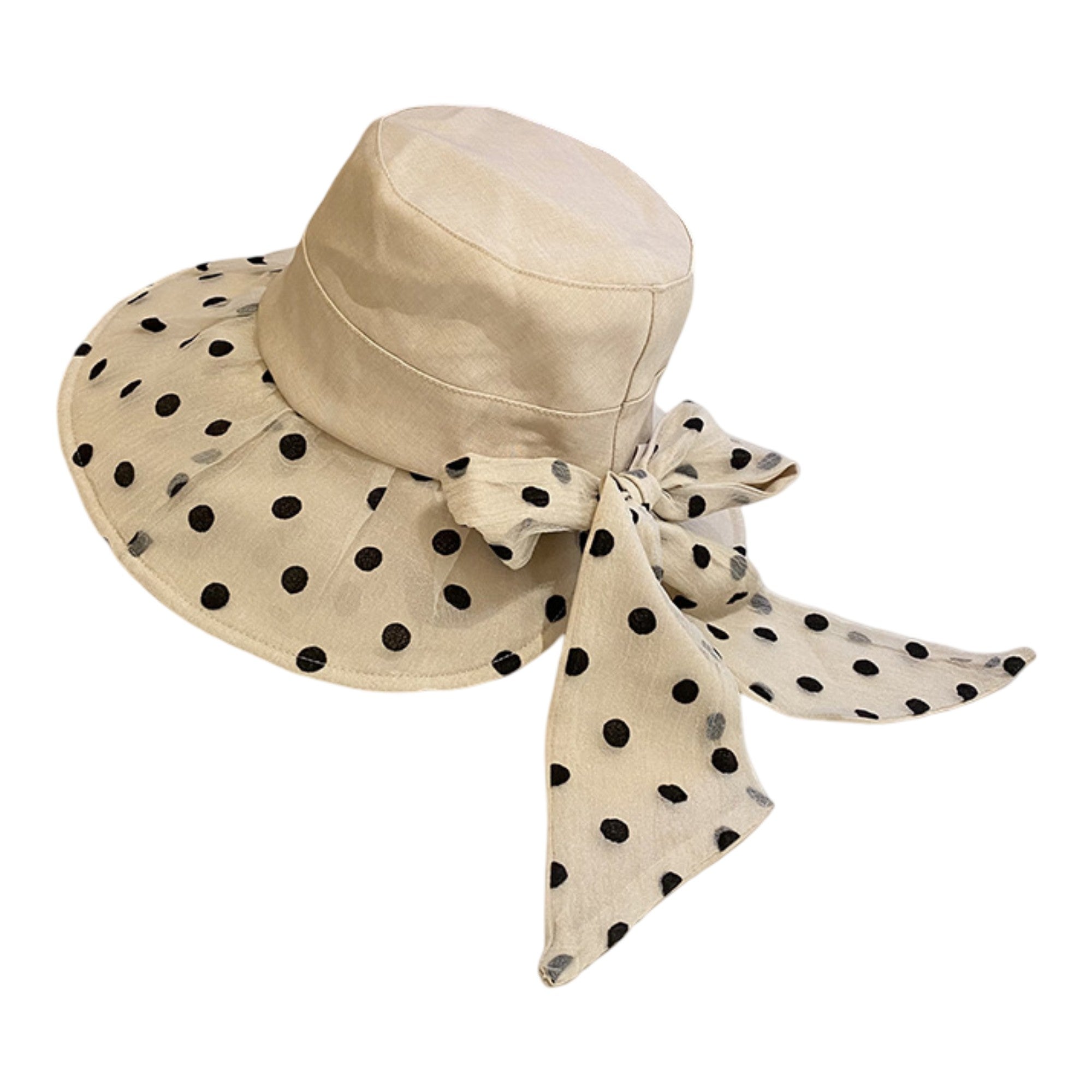 Anna-Kaci Polka Dot Wide Brim Sun Hat with Bow Detail Elegant Summer Bucket Hat