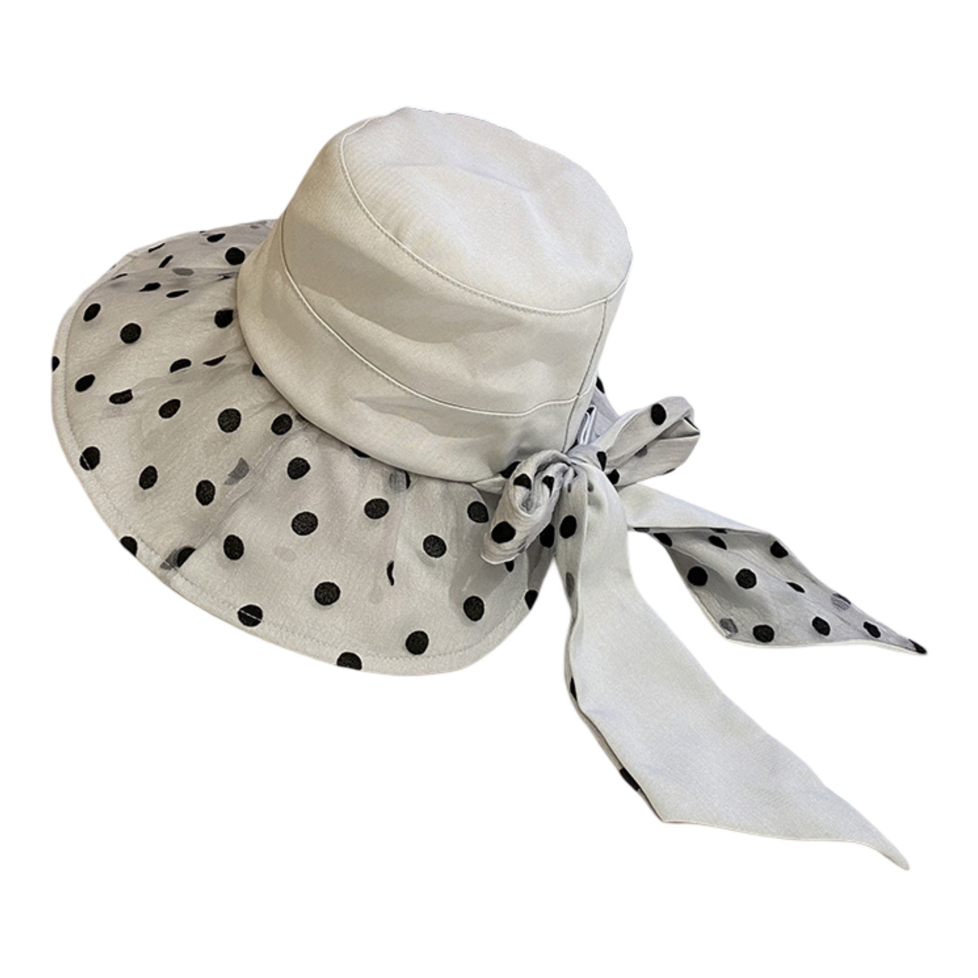 Anna-Kaci Polka Dot Wide Brim Sun Hat with Bow Detail Elegant Summer Bucket Hat