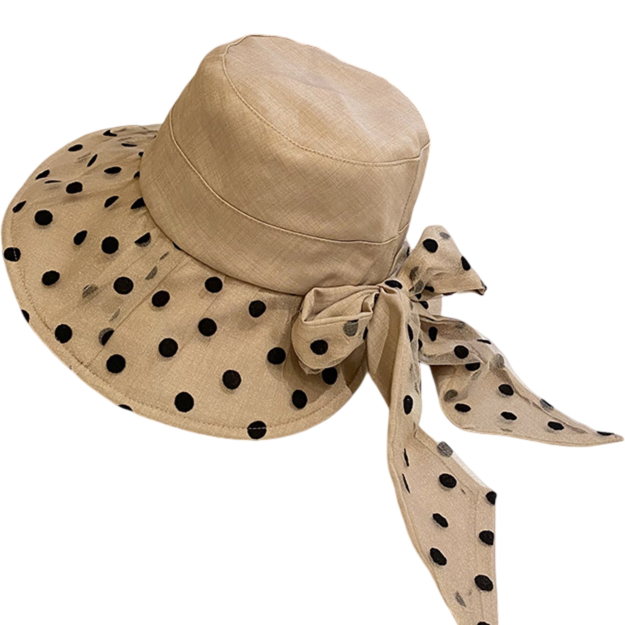 Anna-Kaci Polka Dot Wide Brim Sun Hat with Bow Detail Elegant Summer Bucket Hat