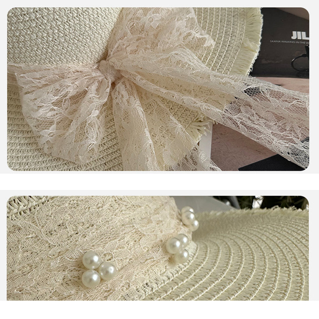 Anna-Kaci Straw Wide Brim Sun Hat with Lace Bow Detail Elegant Summer Beach Hat