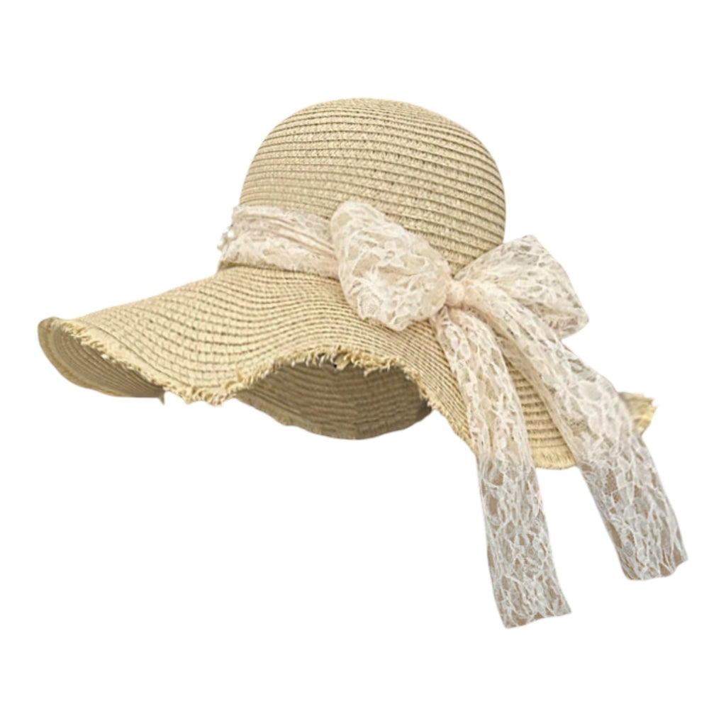 Anna-Kaci Straw Wide Brim Sun Hat with Lace Bow Detail Elegant Summer Beach Hat