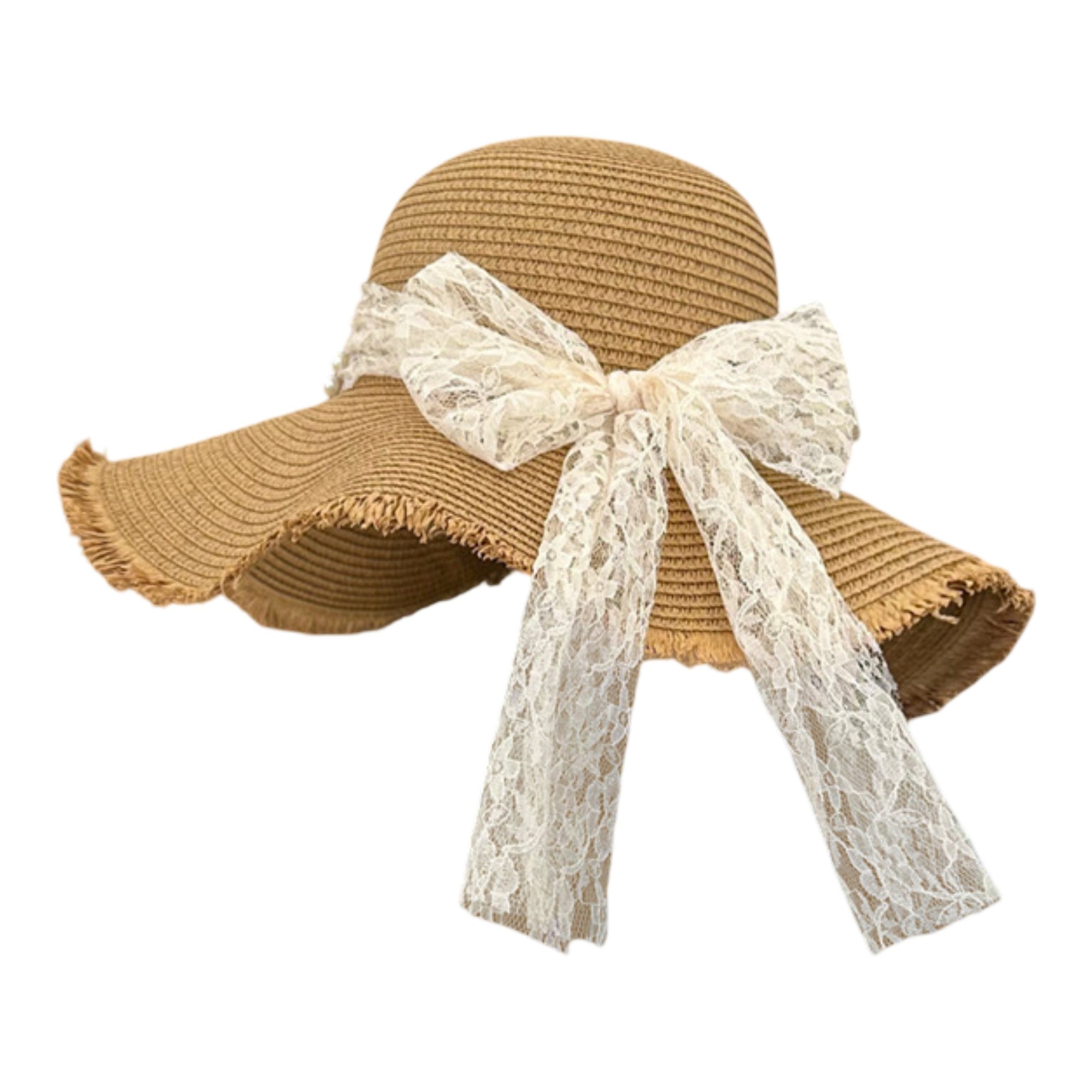 Anna-Kaci Straw Wide Brim Sun Hat with Lace Bow Detail Elegant Summer Beach Hat