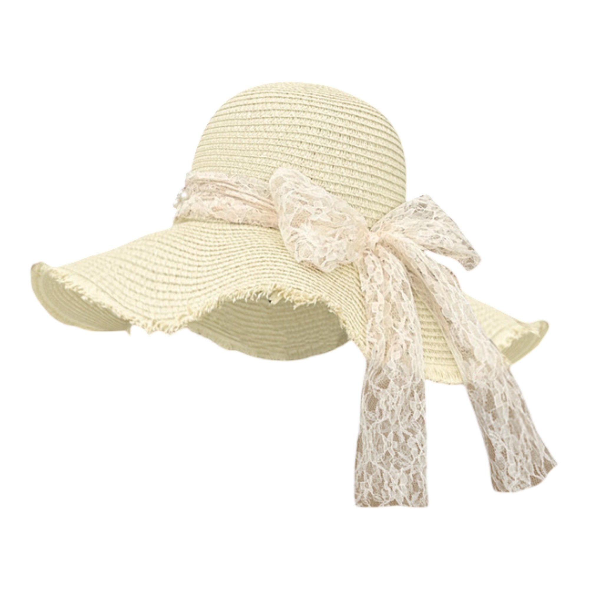 Anna-Kaci Straw Wide Brim Sun Hat with Lace Bow Detail Elegant Summer Beach Hat