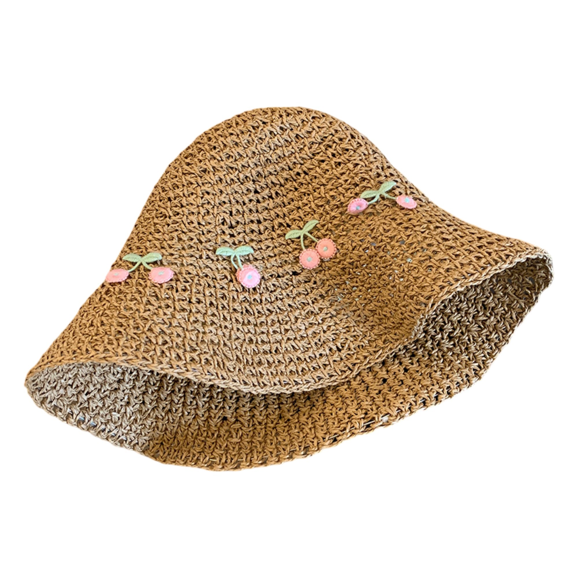 Anna-Kaci Straw Bucket Hat with Cherry Embroidery Lightweight Breathable Sun Hat Wide Brim Summer Beach Hat