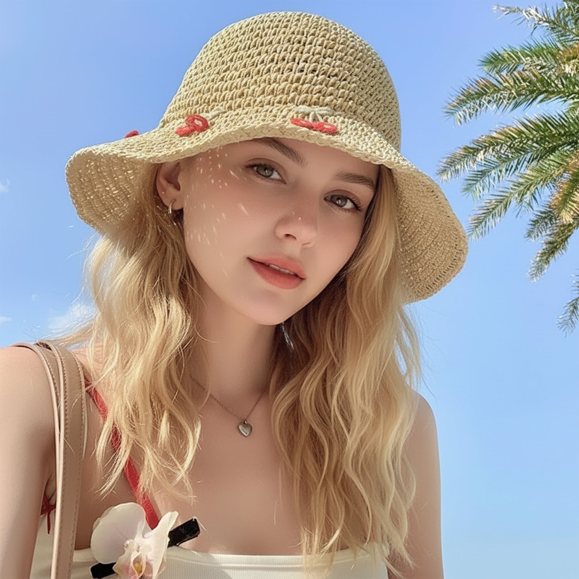 Anna-Kaci Straw Bucket Hat with Cherry Embroidery Lightweight Breathable Sun Hat Wide Brim Summer Beach Hat