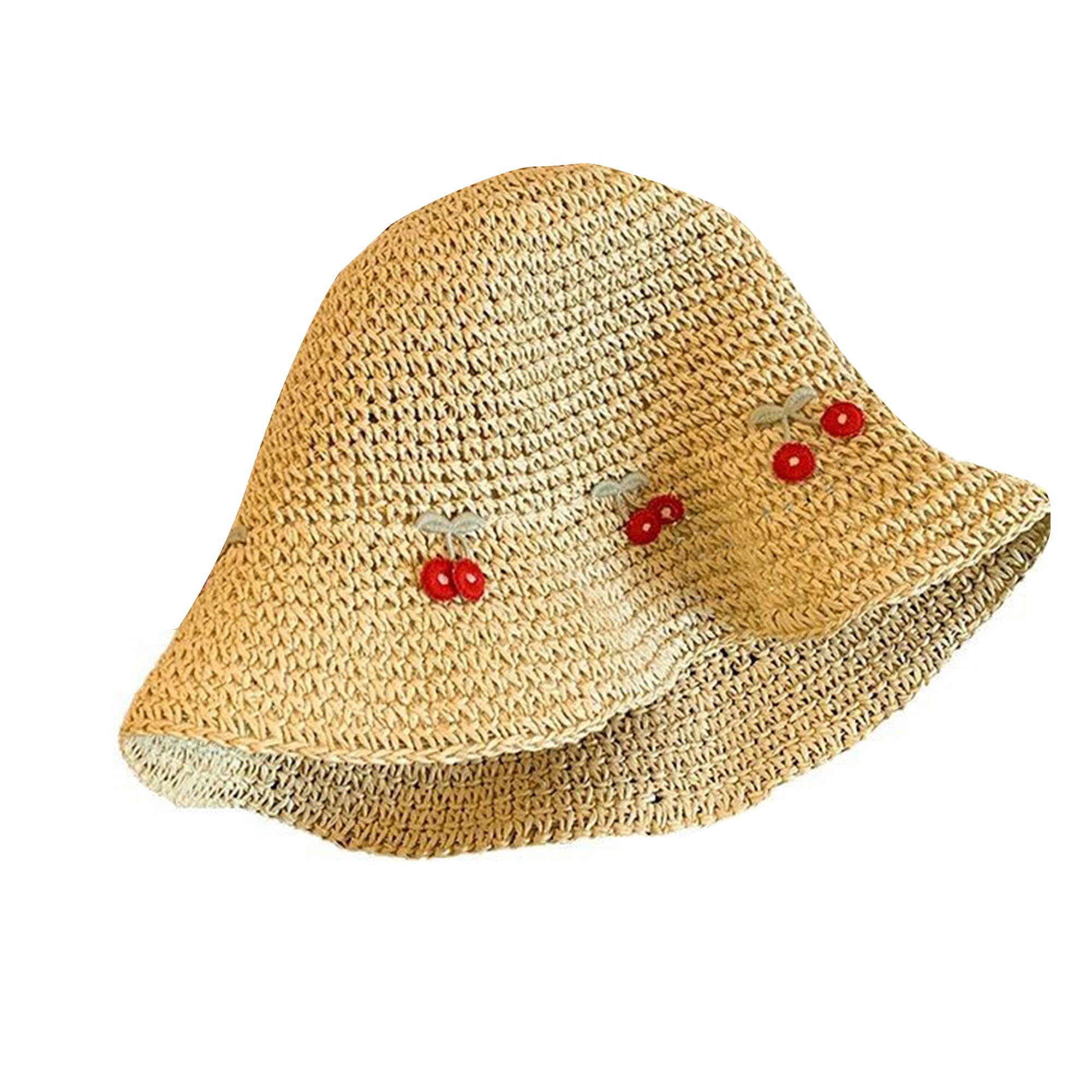Anna-Kaci Straw Bucket Hat with Cherry Embroidery Lightweight Breathable Sun Hat Wide Brim Summer Beach Hat