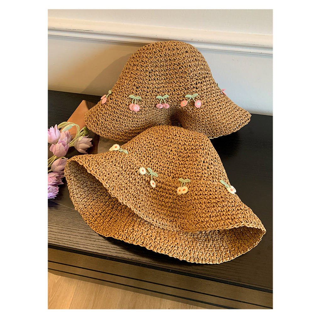 Anna-Kaci Straw Bucket Hat with Cherry Embroidery Lightweight Breathable Sun Hat Wide Brim Summer Beach Hat