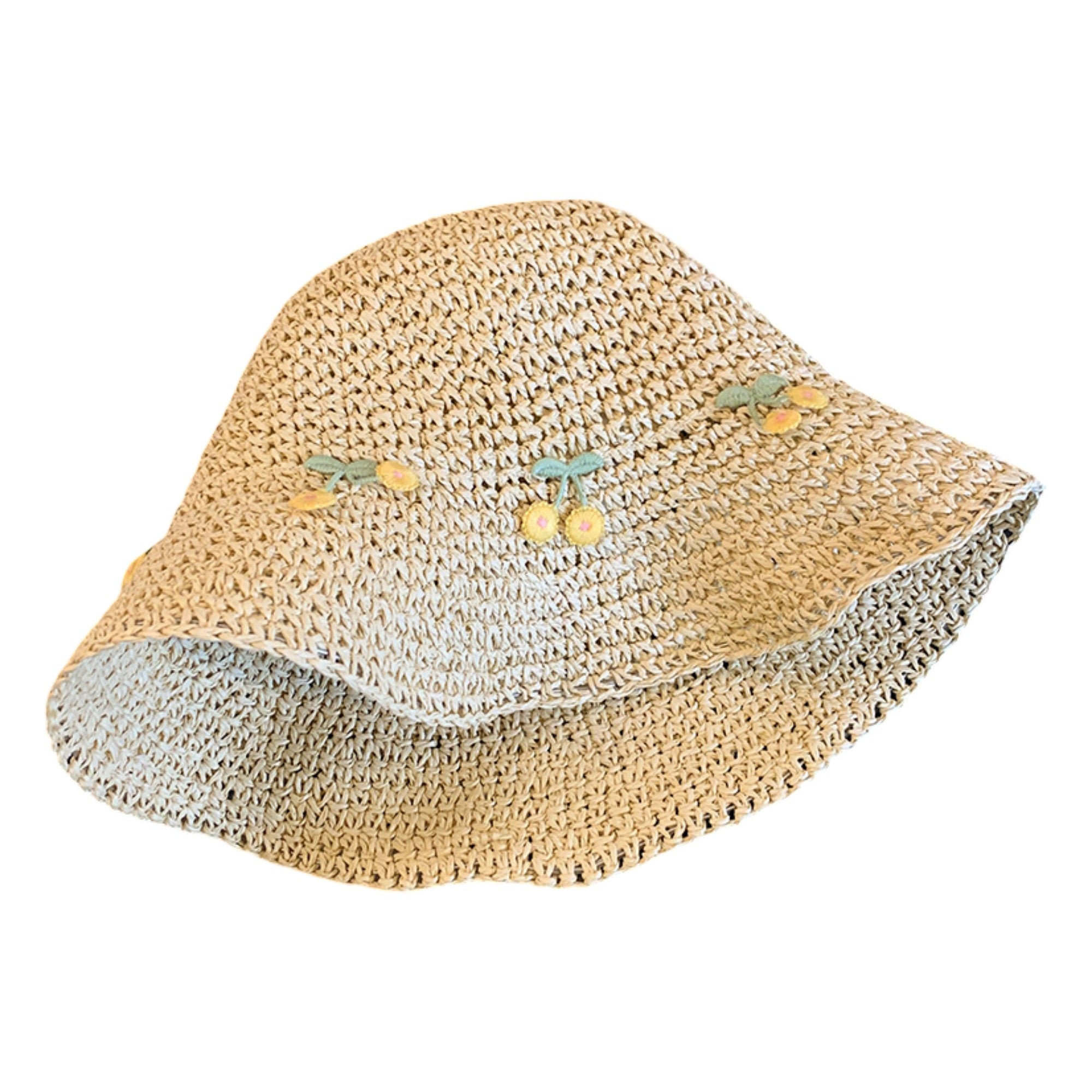 Anna-Kaci Straw Bucket Hat with Cherry Embroidery Lightweight Breathable Sun Hat Wide Brim Summer Beach Hat